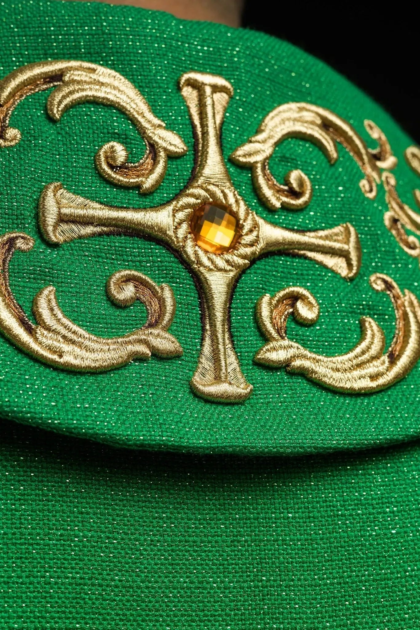 Green chasuble richly embroidered with stones