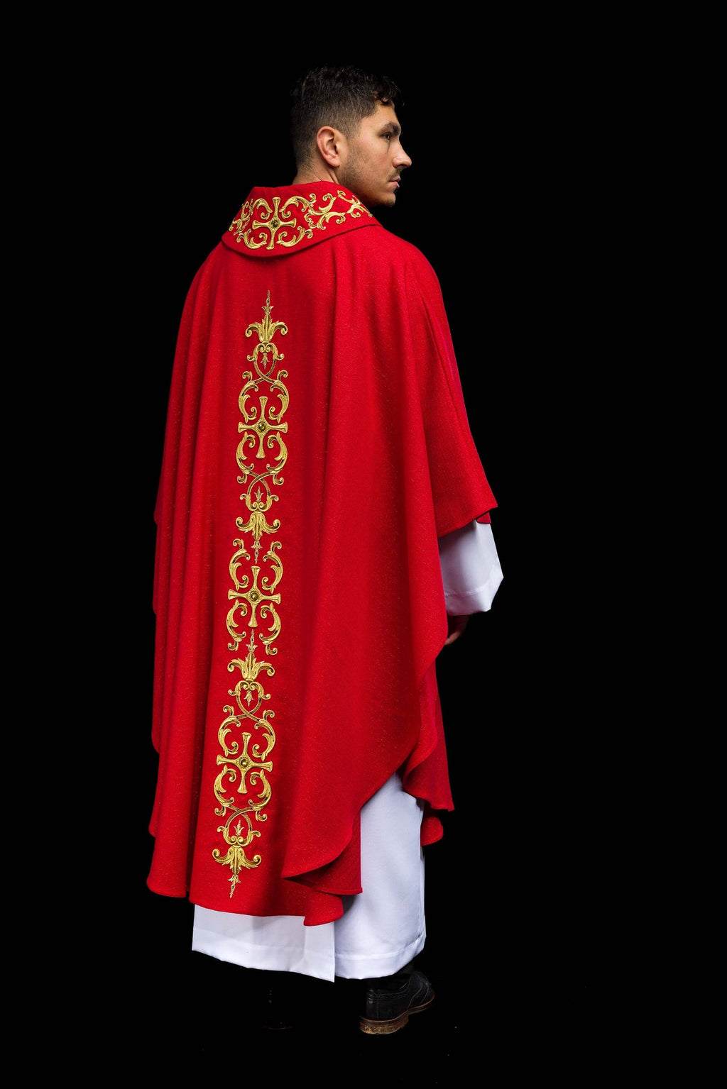 Red chasuble richly embroidered with stones