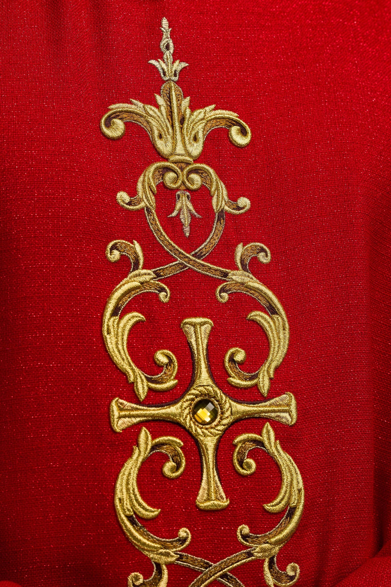 Red chasuble richly embroidered with stones