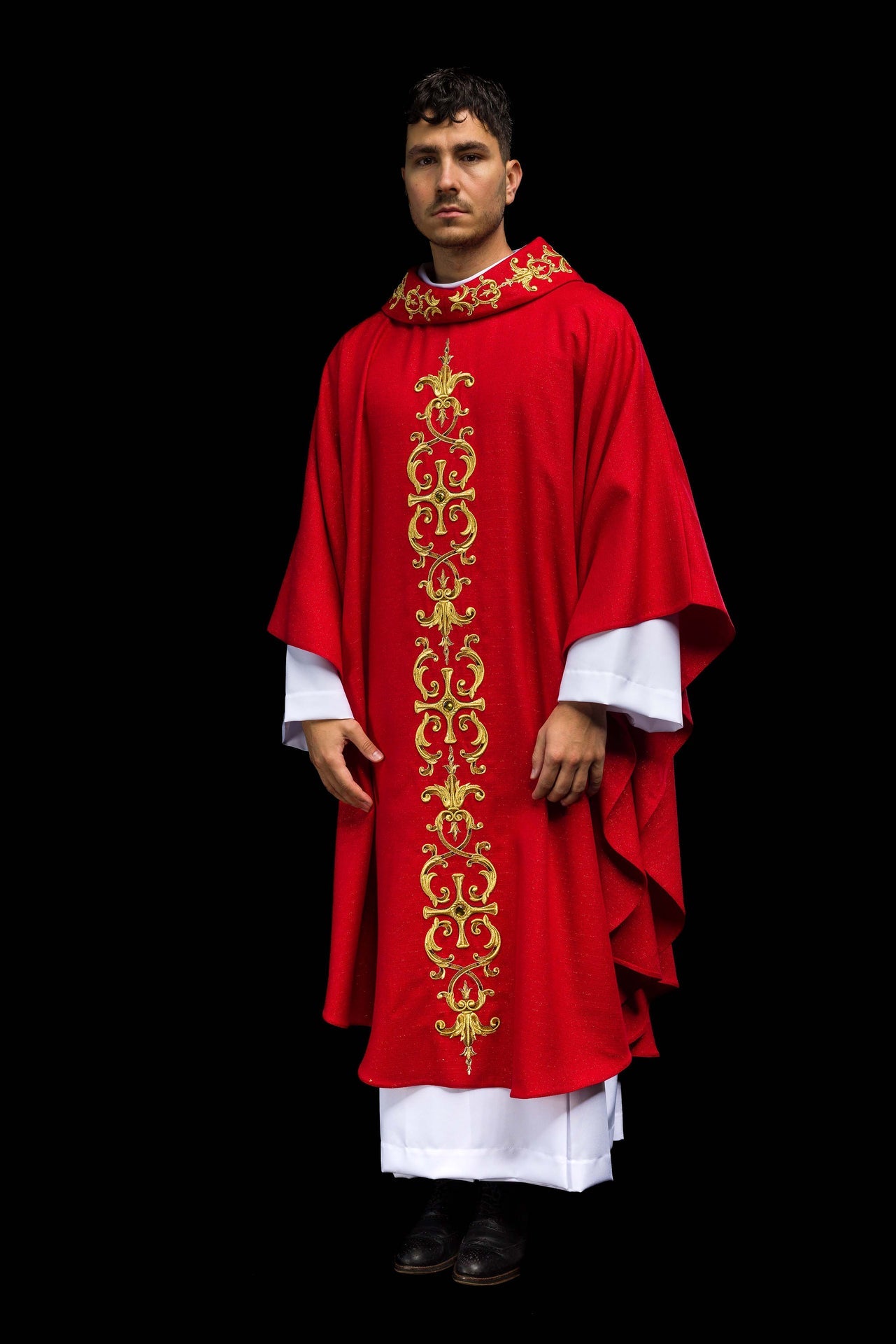 Red chasuble richly embroidered with stones