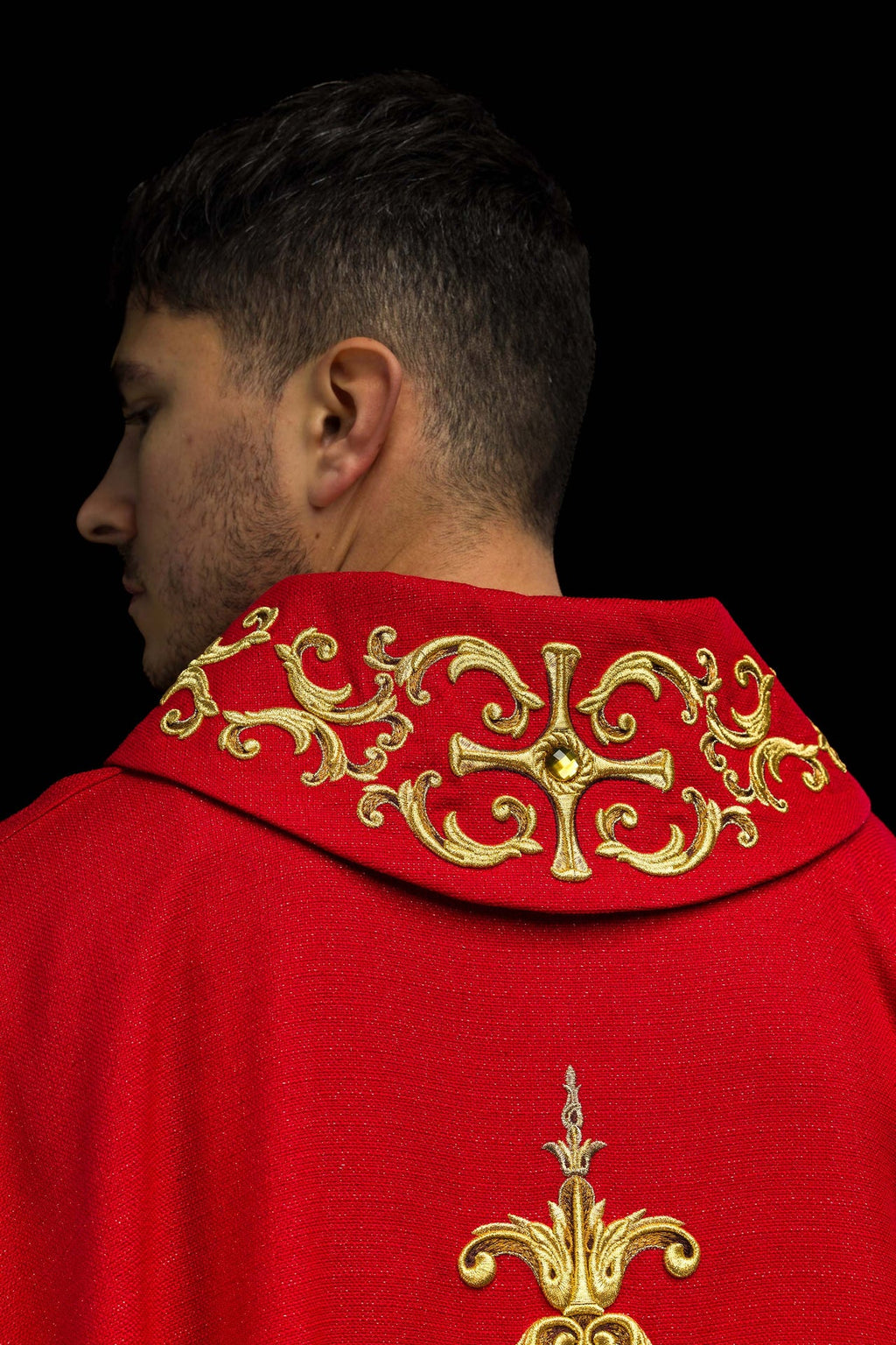 Red chasuble richly embroidered with stones