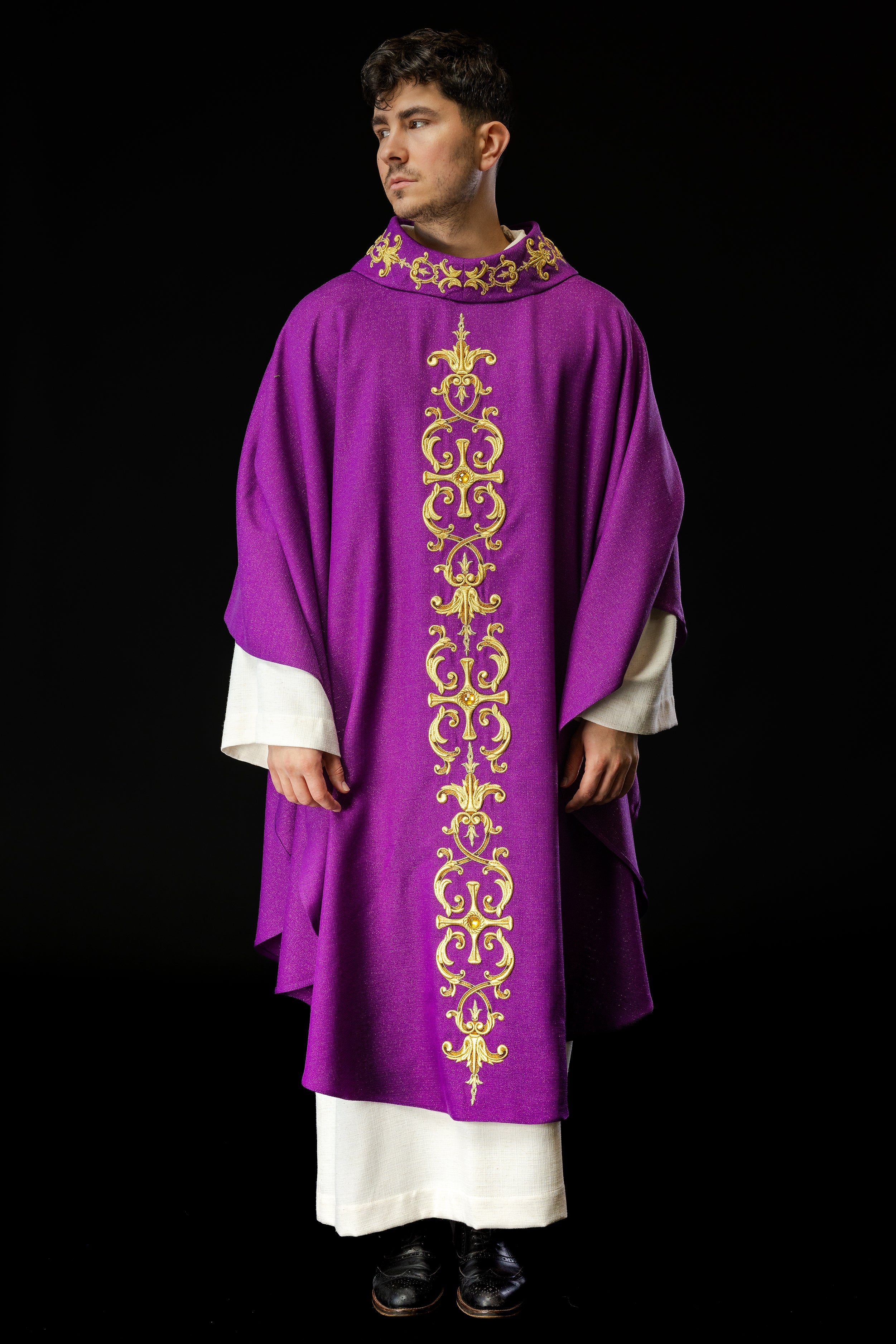 Purple chasuble richly embroidered with stones