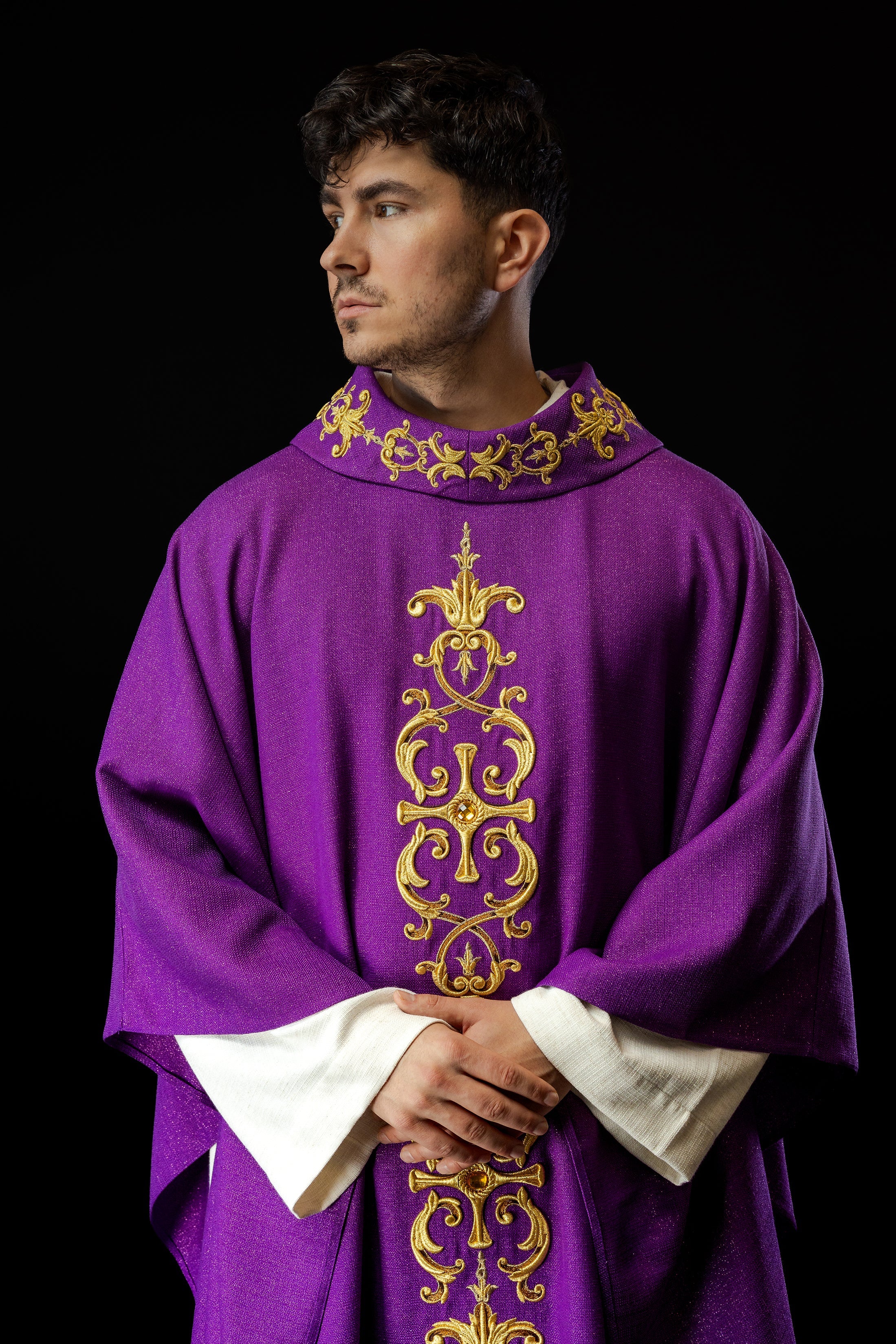 Purple chasuble richly embroidered with stones