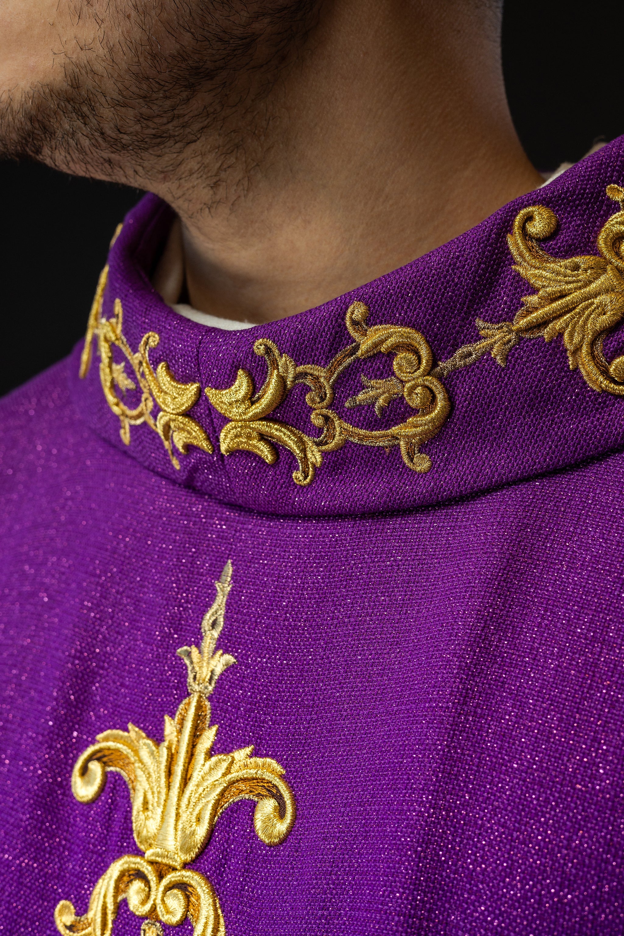 Purple chasuble richly embroidered with stones