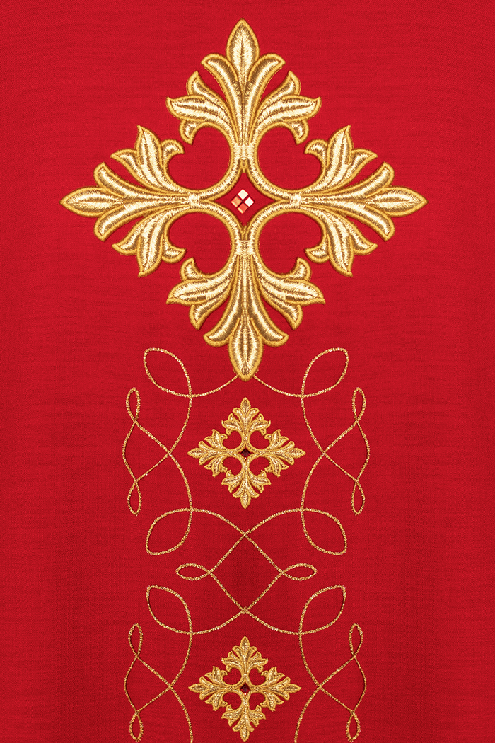 Red chasuble richly embroidered with rope and stones