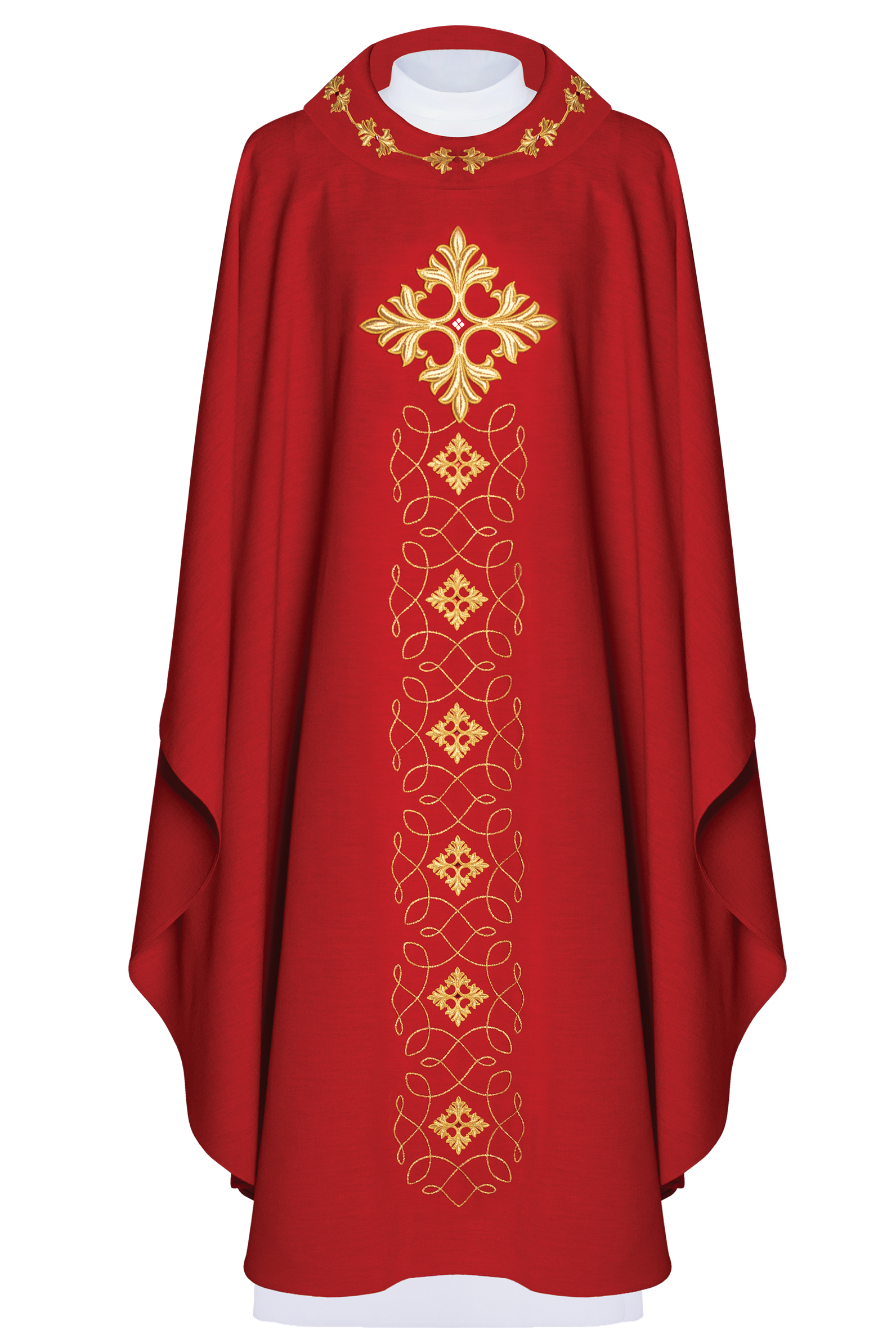 Red chasuble richly embroidered with rope and stones