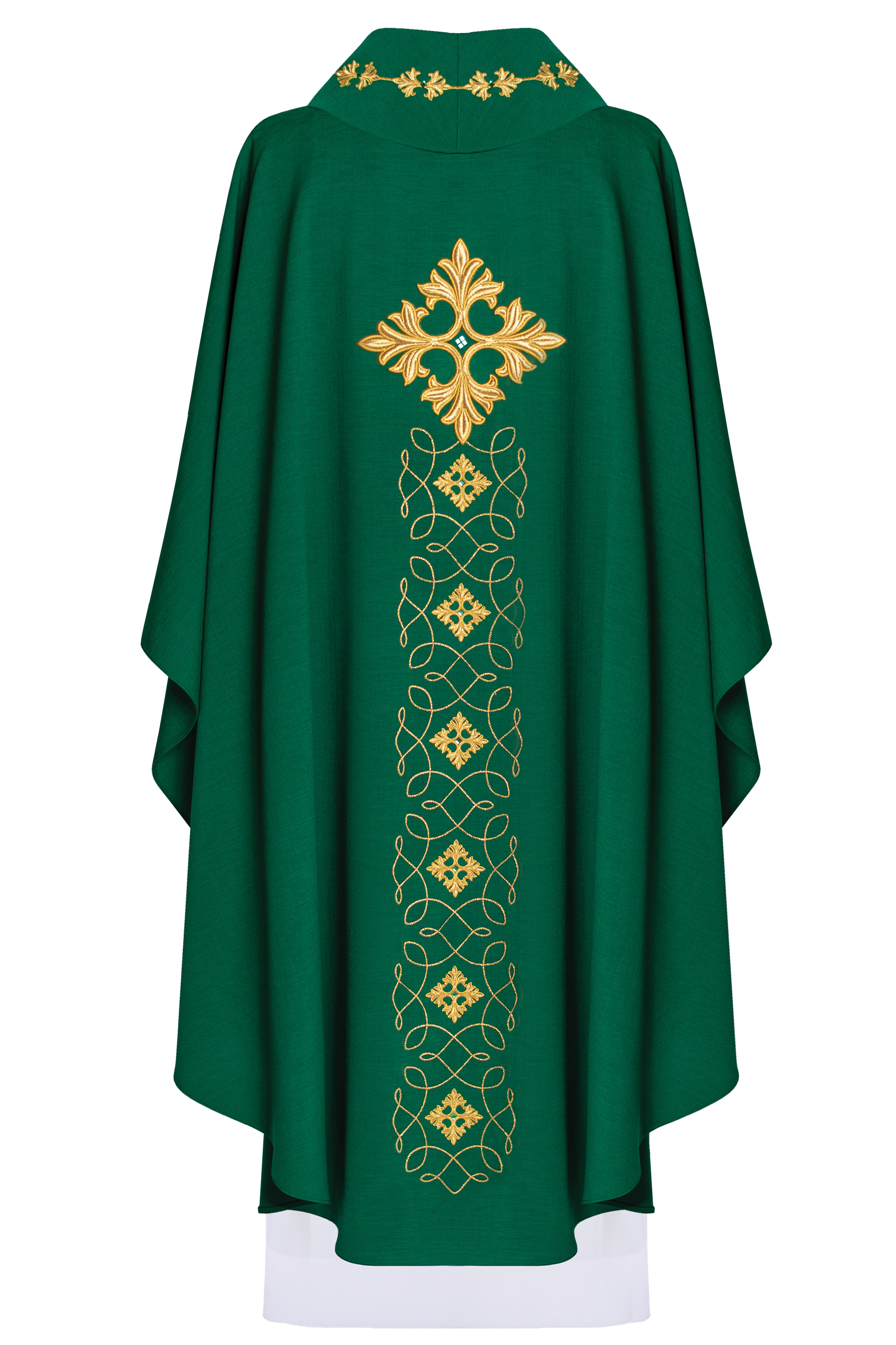 Green chasuble richly embroidered with string and stones