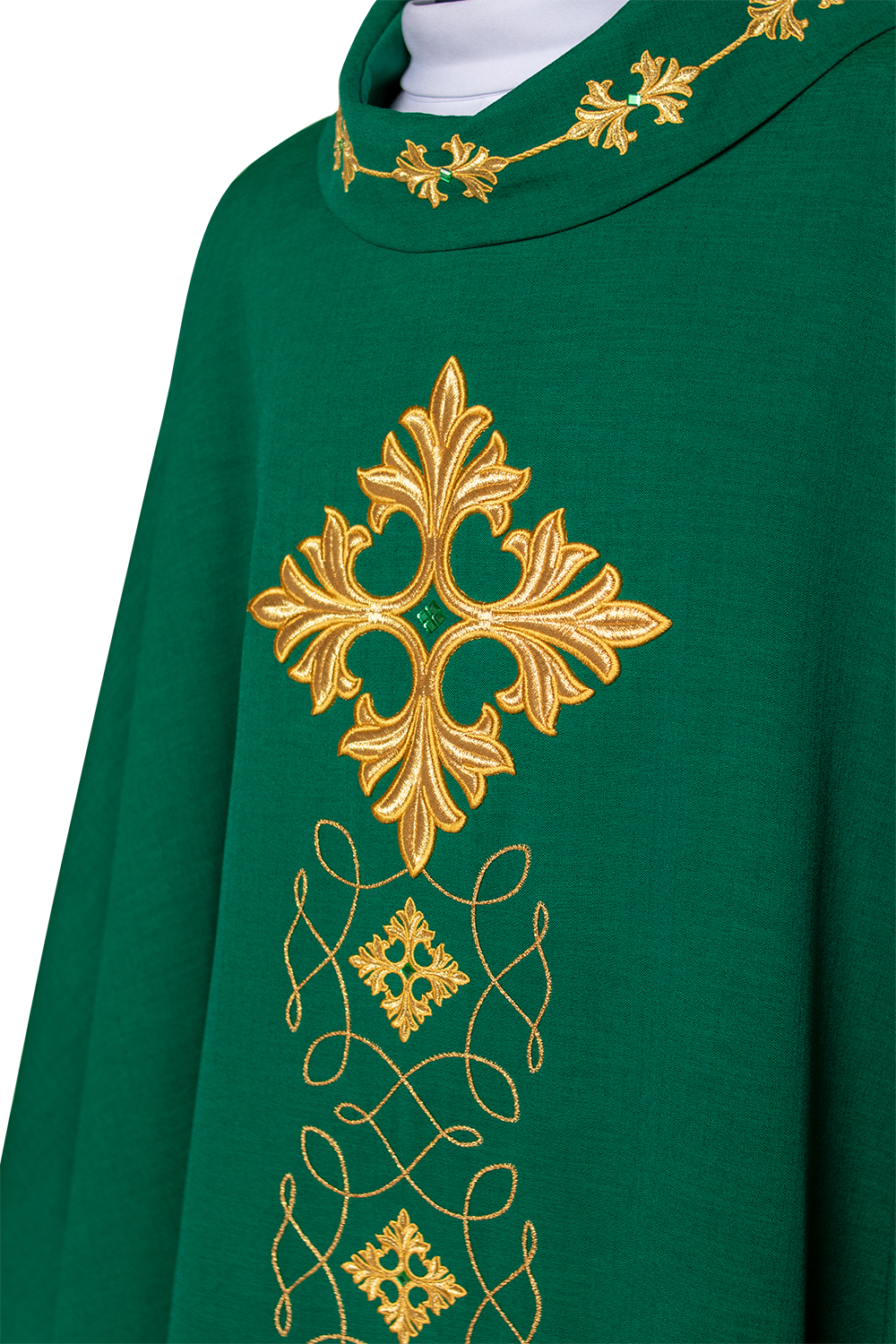 Green chasuble richly embroidered with string and stones