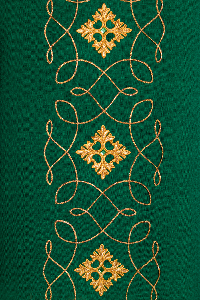 Green chasuble richly embroidered with string and stones