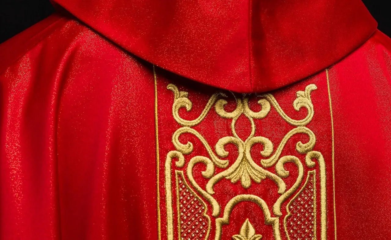 Red chasuble richly embroidered lustre