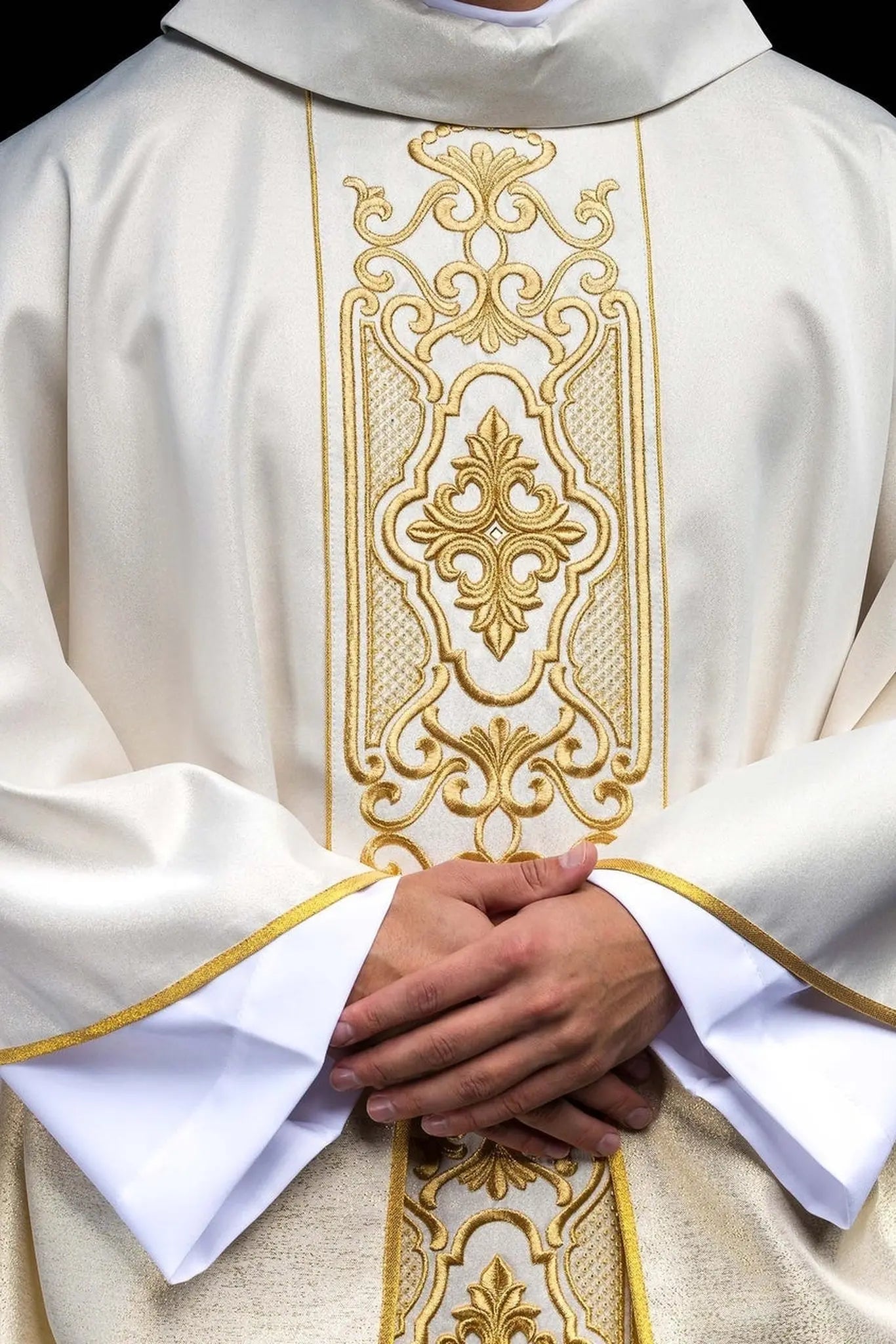 Shimmering fabric chasuble with rich gold embroidery on the belt