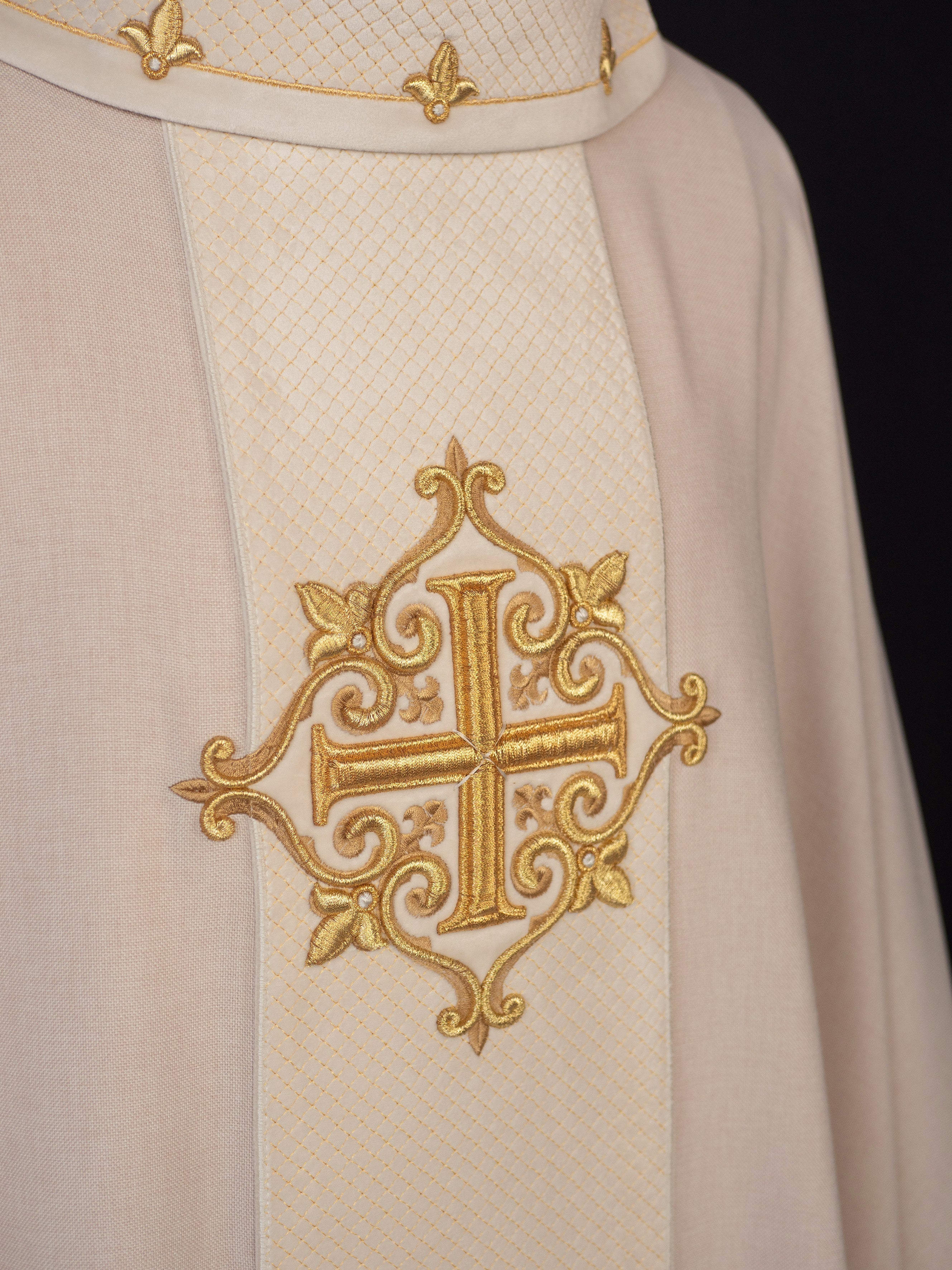 Chasuble embroidered on velvet with symbol Cross Ecru