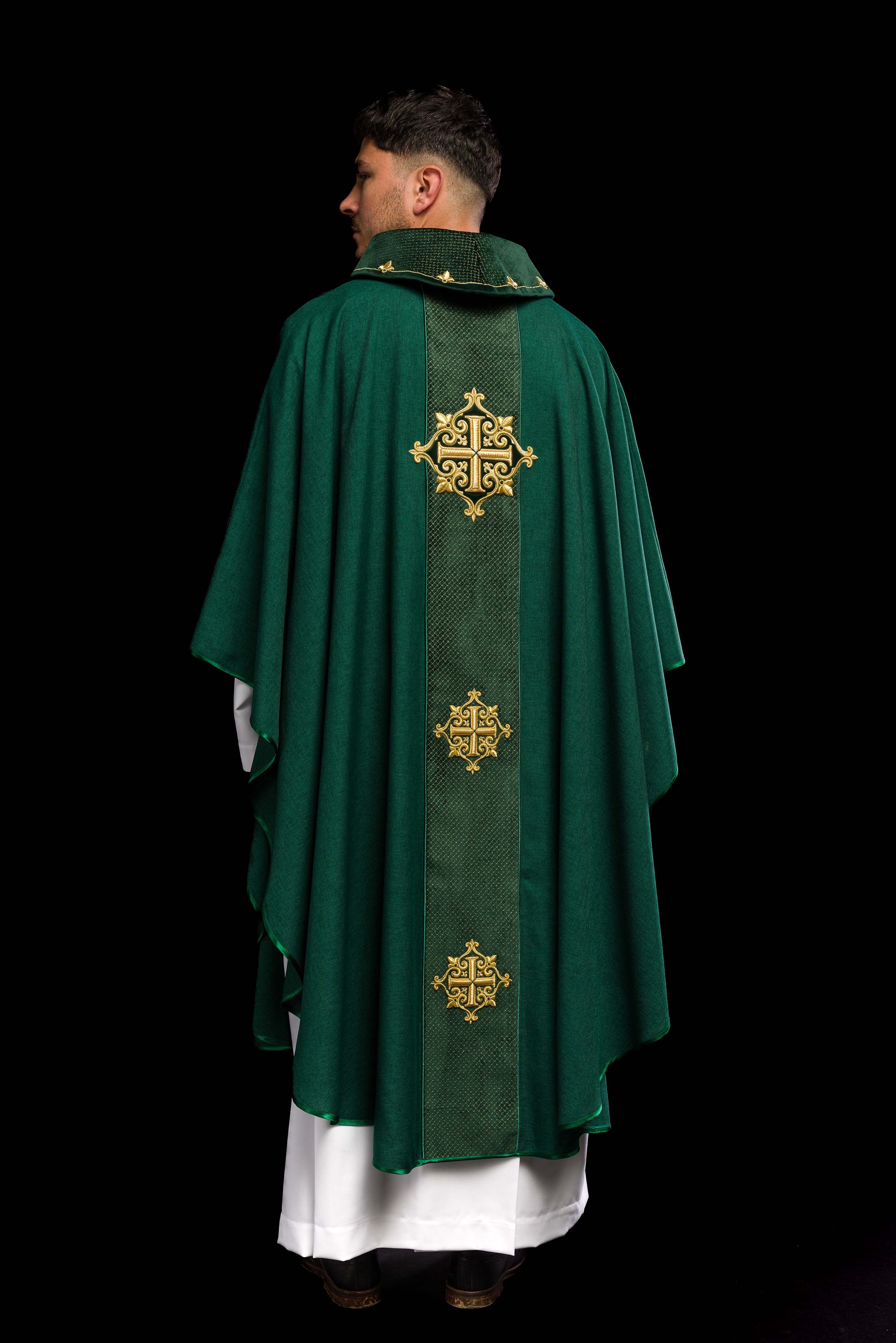 Chasuble with green velvet belt and cross embroidery