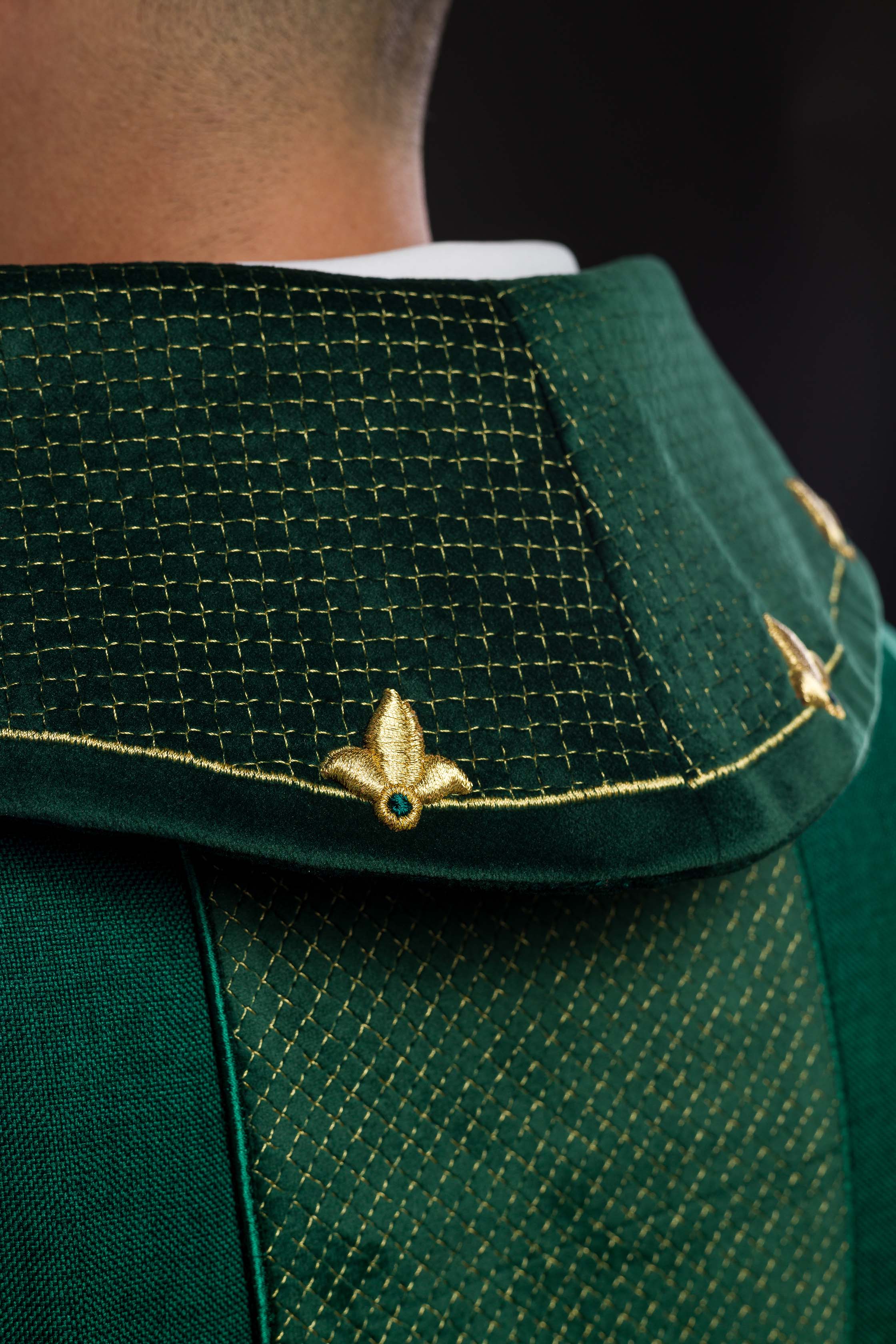 Chasuble with green velvet belt and cross embroidery