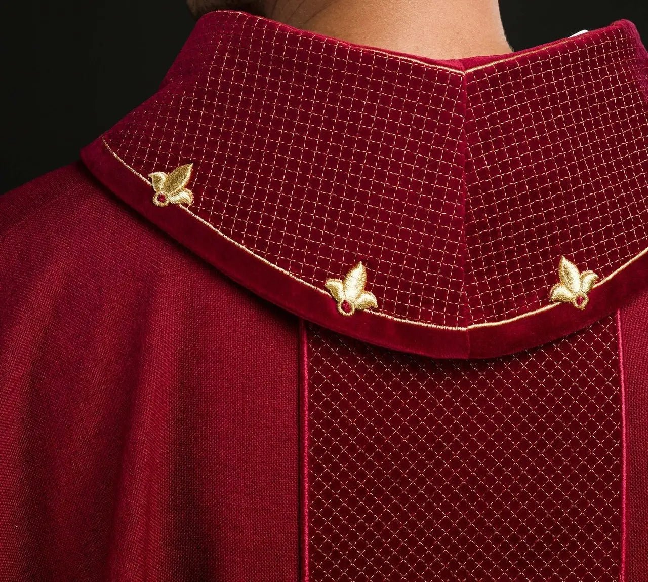 Chasuble with red velvet belt and cross embroidery