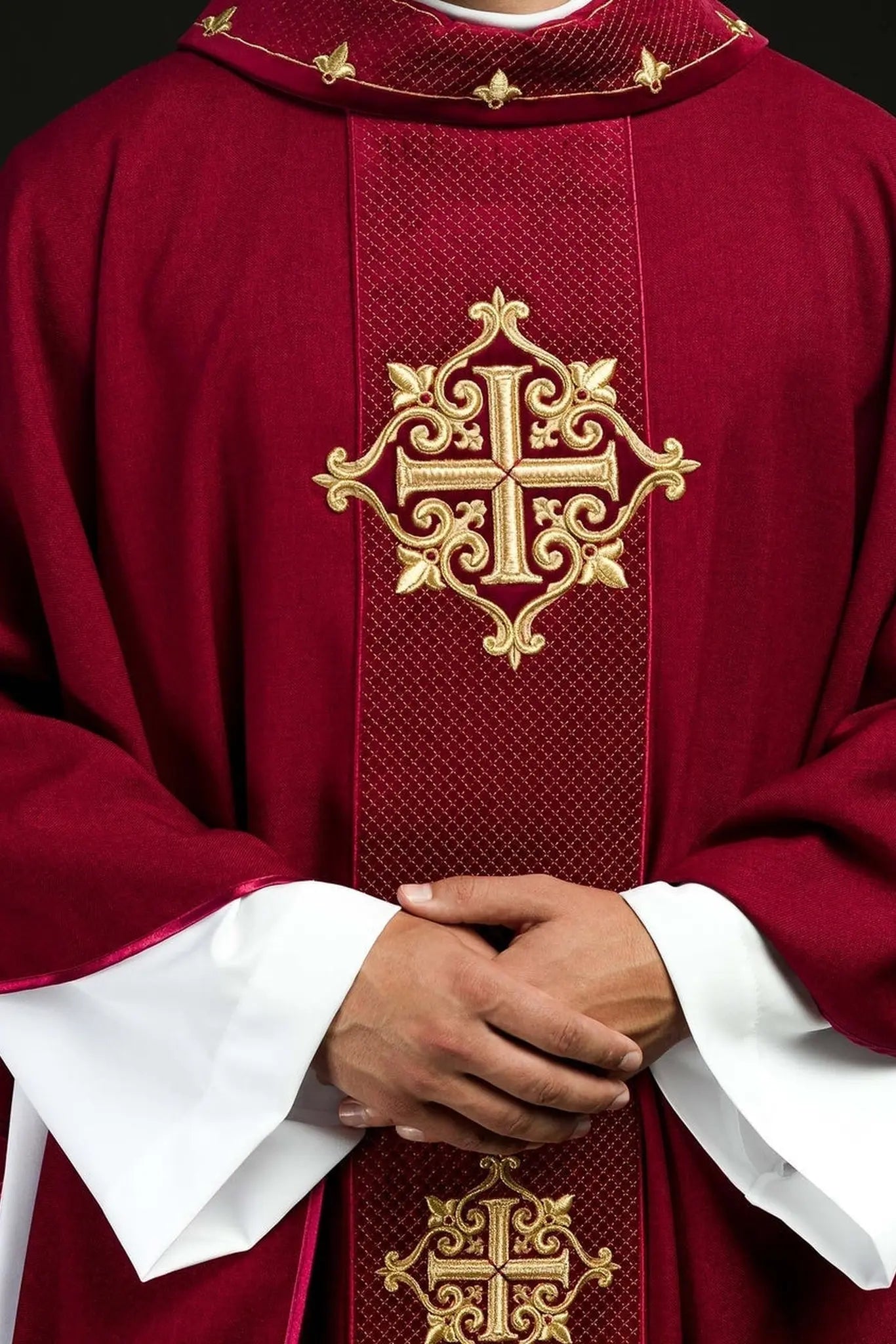 Chasuble with red velvet belt and cross embroidery