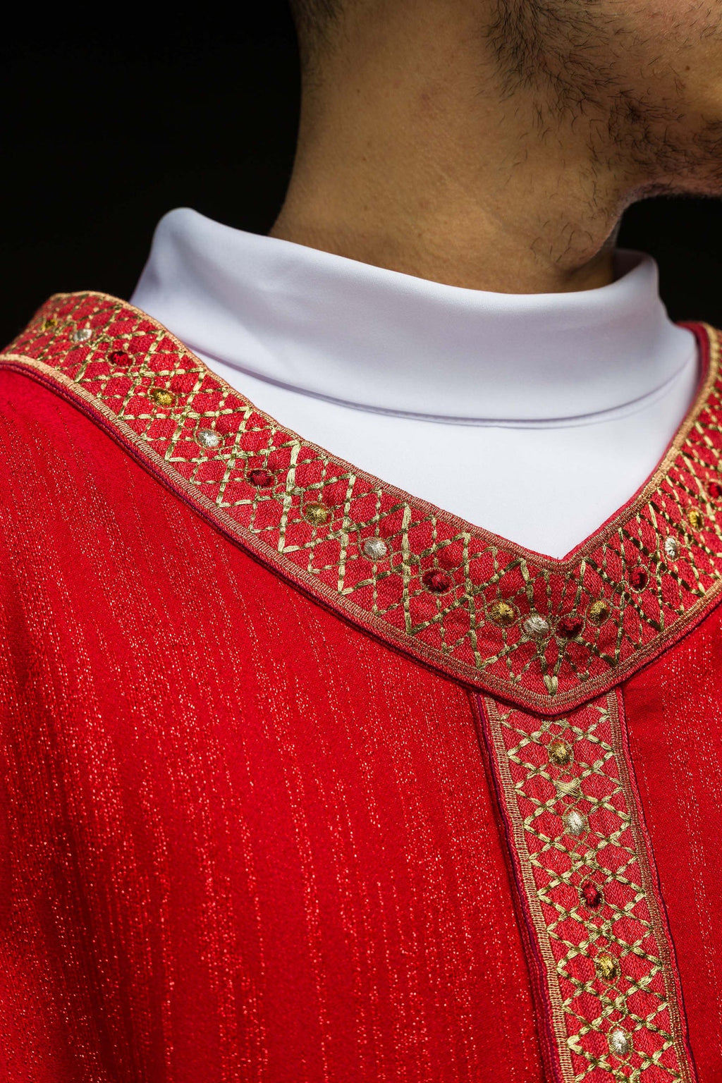 Red Chasuble with Embroidered Belt and Collar