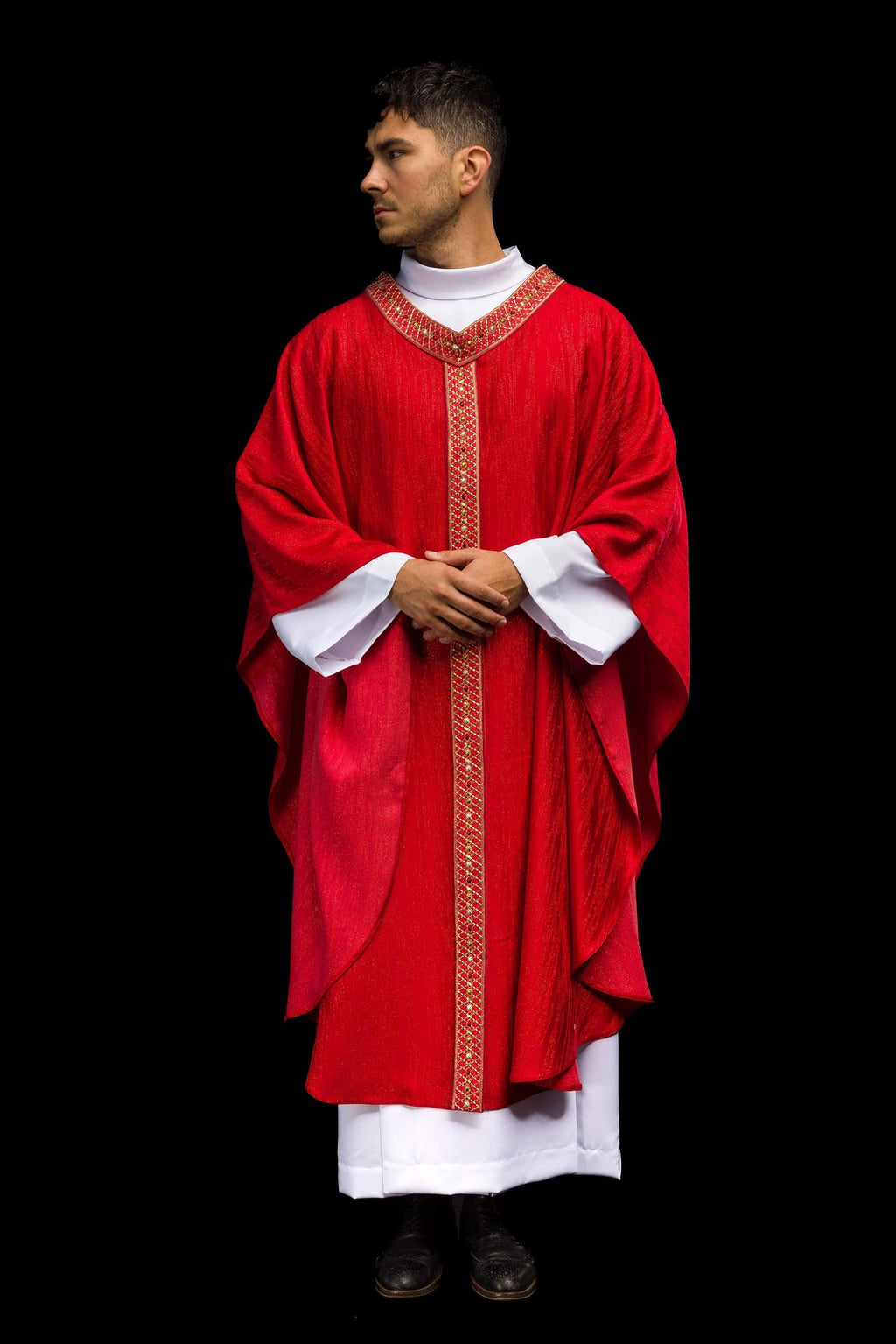Red Chasuble with Embroidered Belt and Collar
