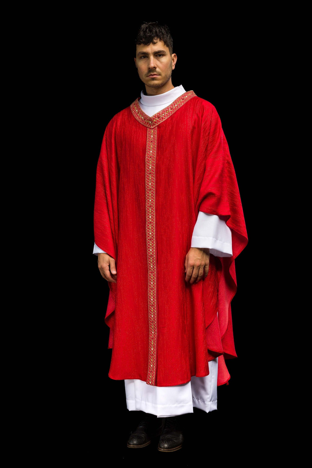 Red Chasuble with Embroidered Belt and Collar