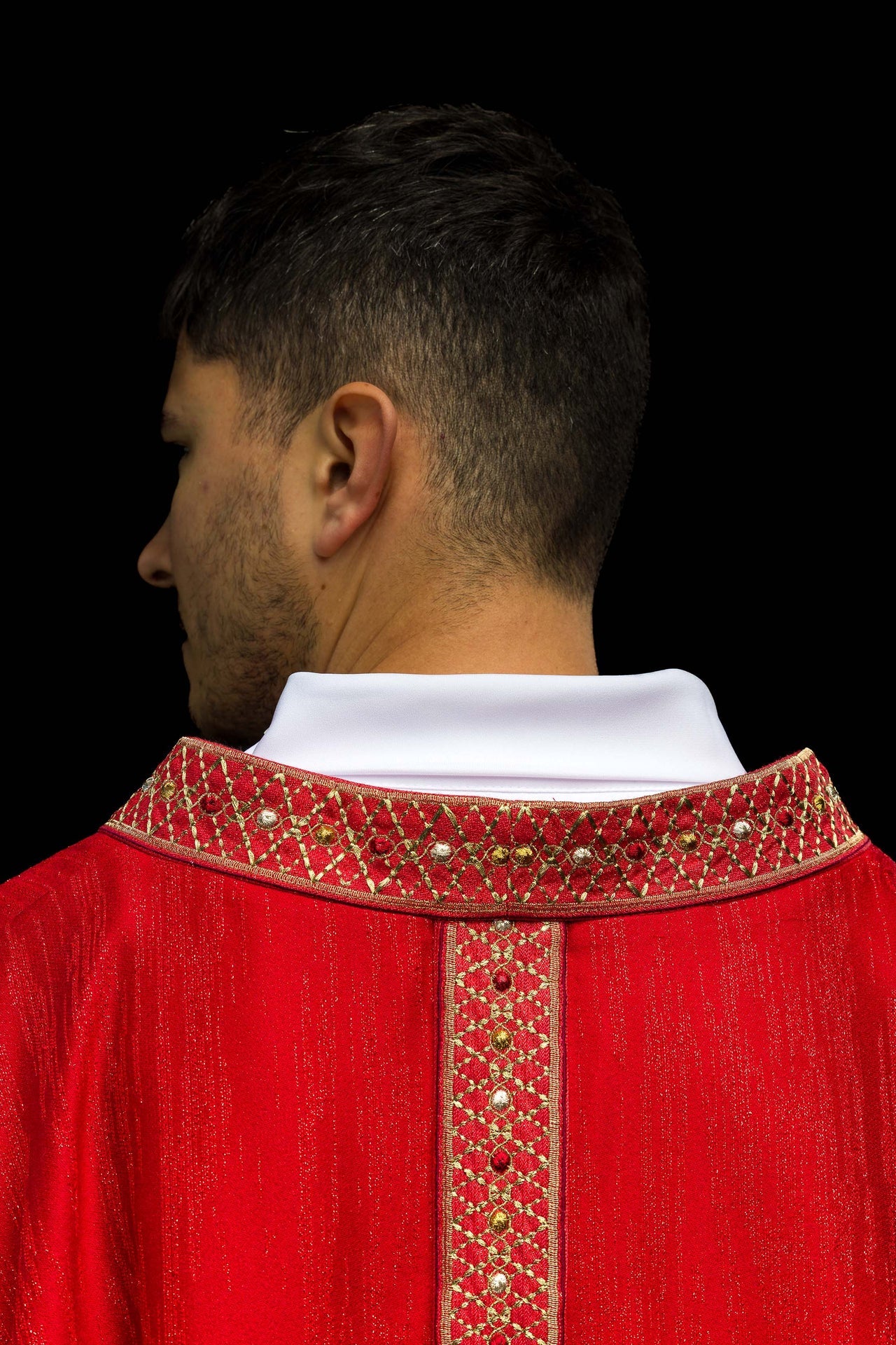 Red Chasuble with Embroidered Belt and Collar