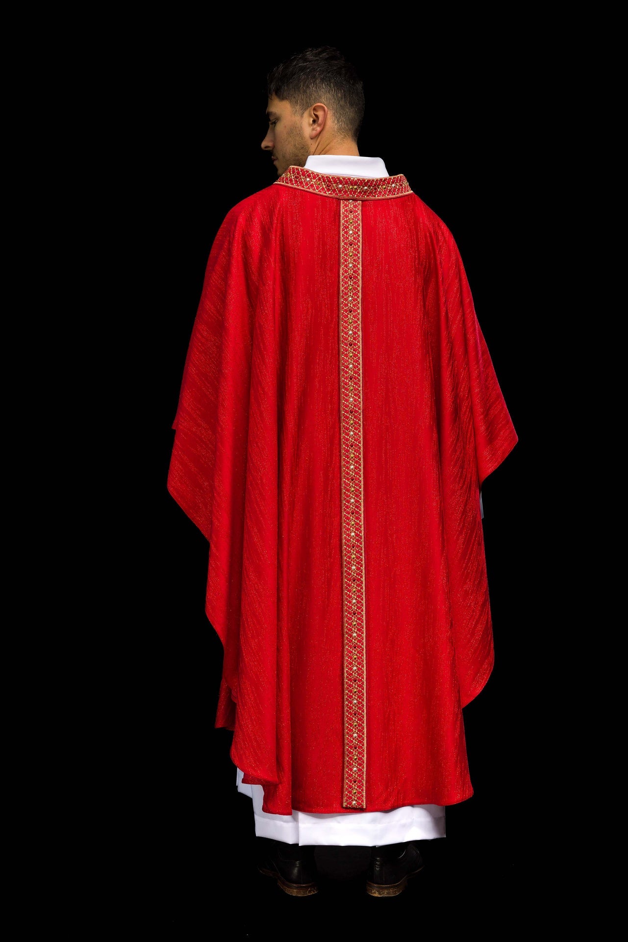 Red Chasuble with Embroidered Belt and Collar