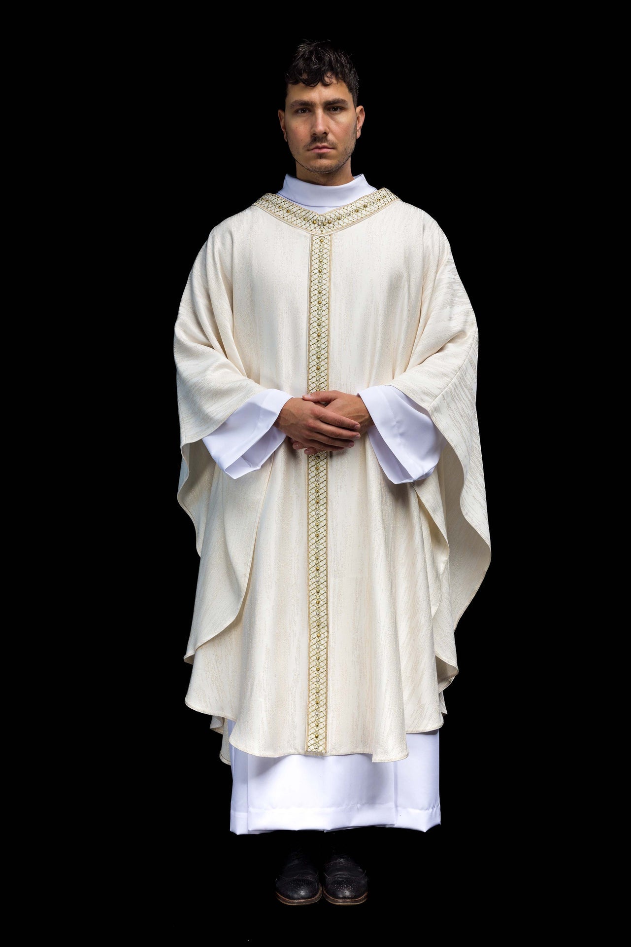 White Chasuble with Embroidered Belt and Collar