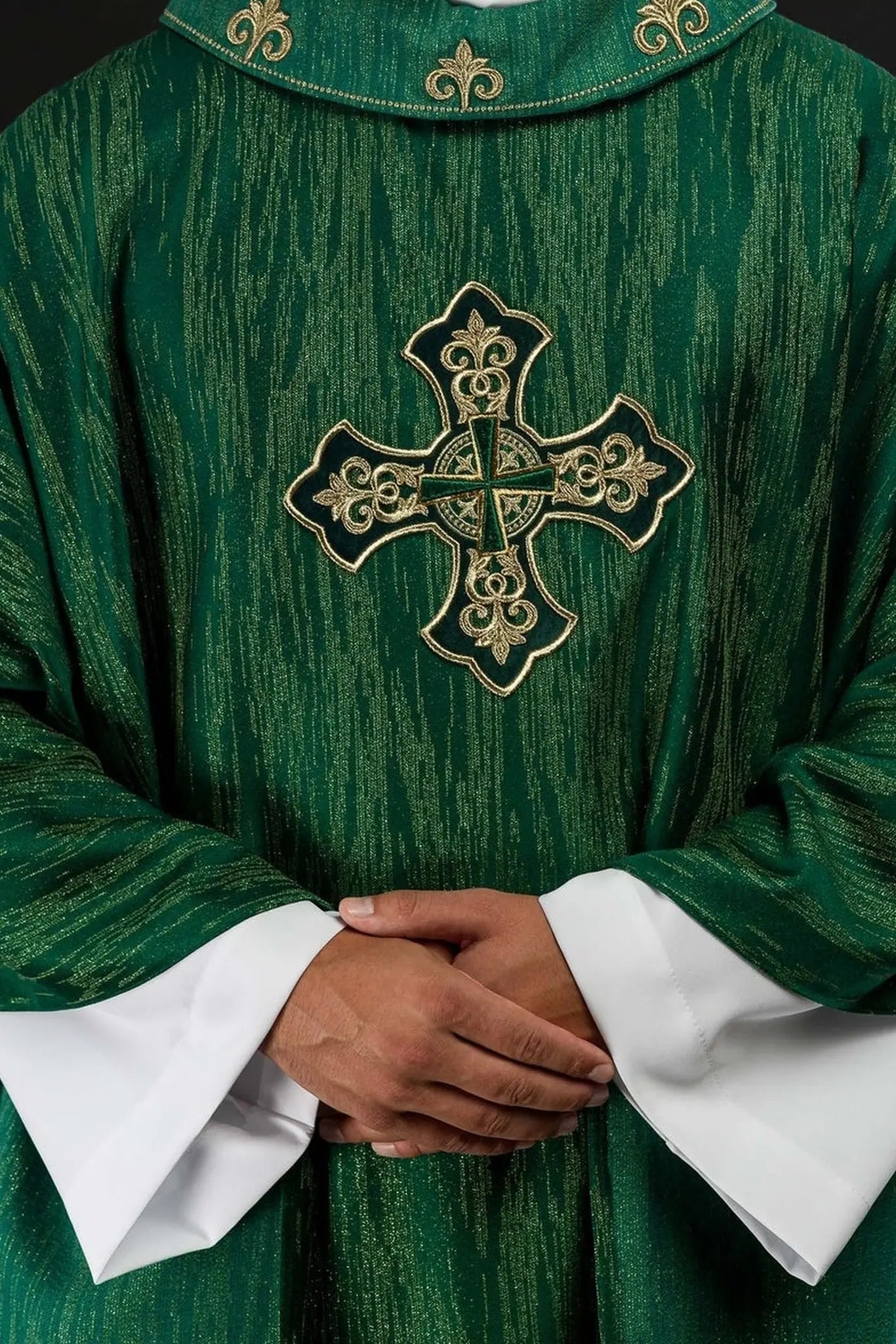 Green chasuble with richly embroidered cross and decorated collar