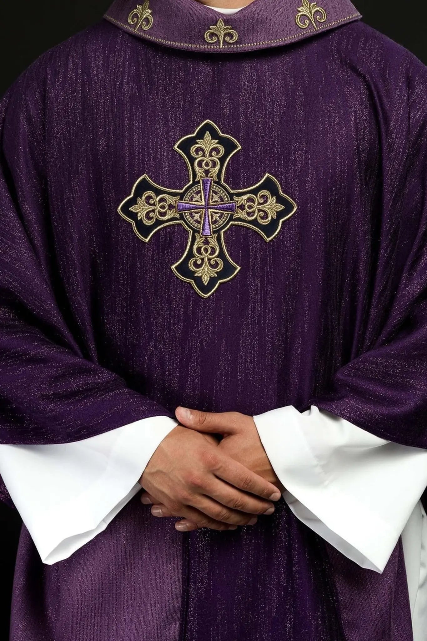 Purple chasuble with embroidered cross motif on decorative fabric