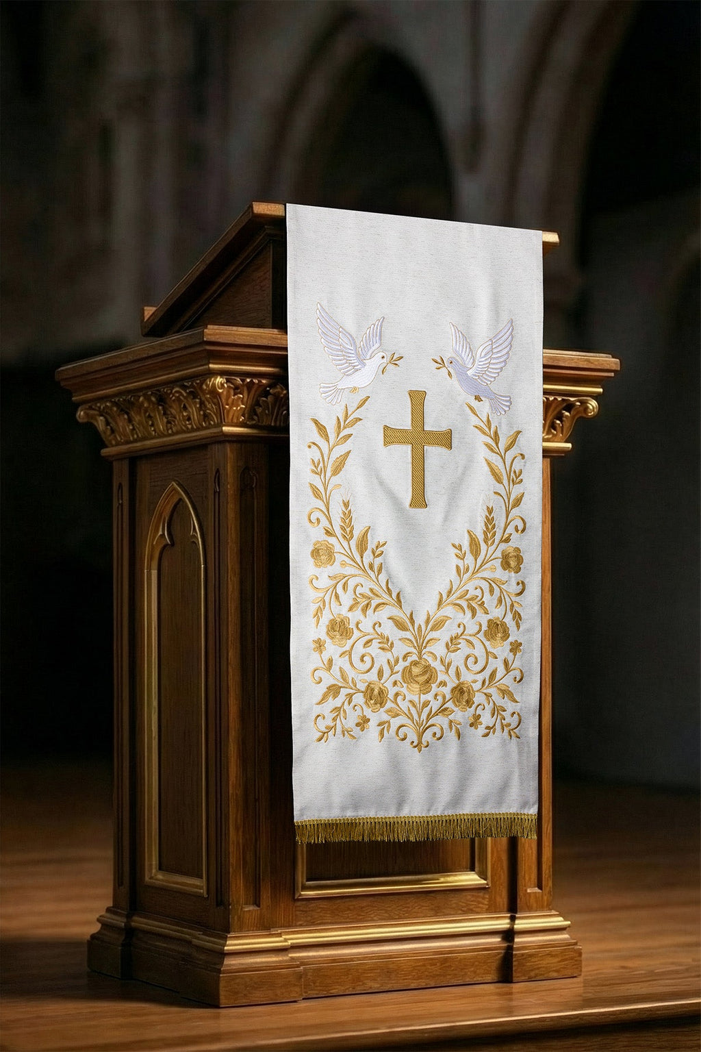 Serweta na lektorium z haftem krzyża i gołębi ecru - ORNATY.PL
