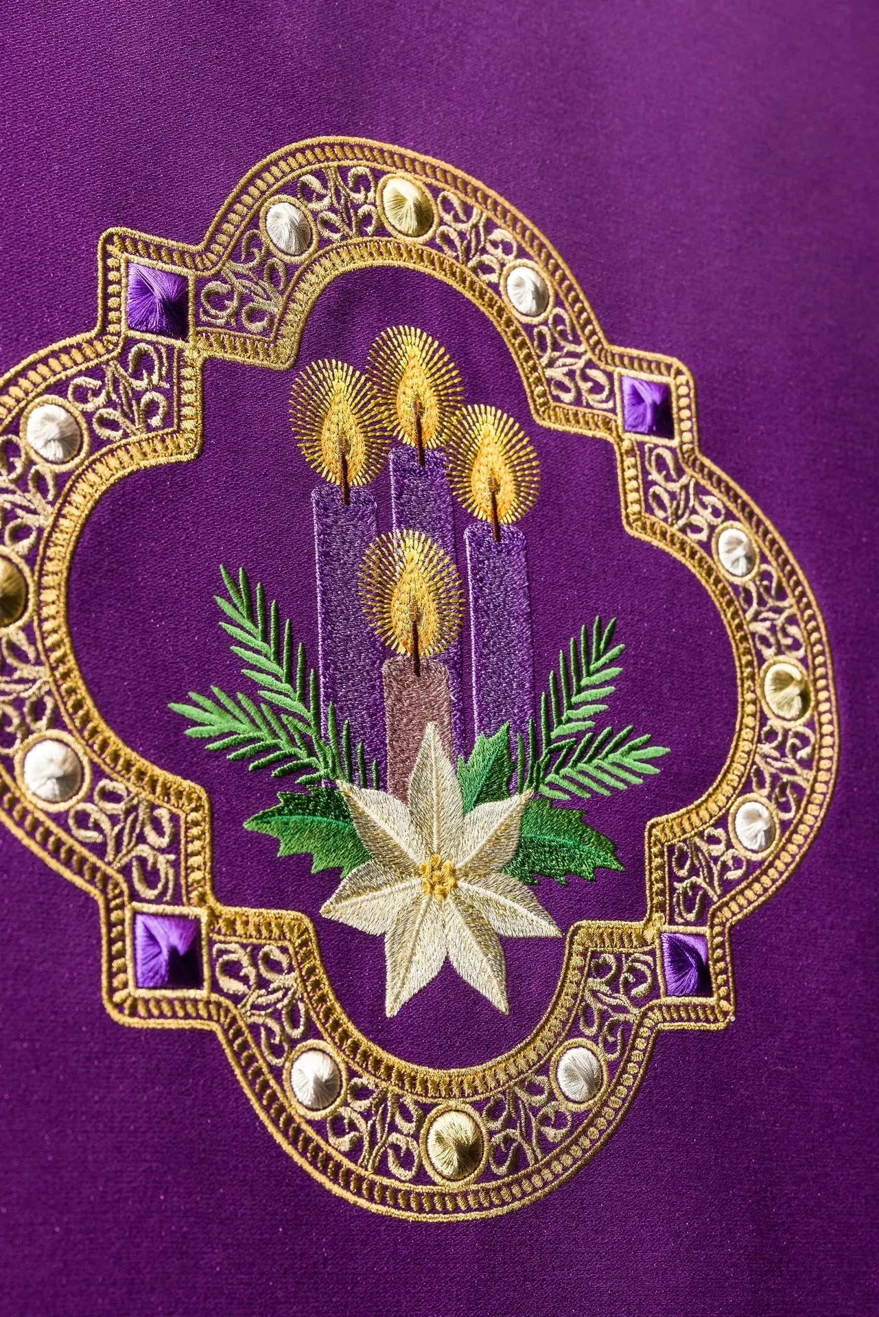 Purple Lectern Cover with Candle Embroidery and Gold Fringe