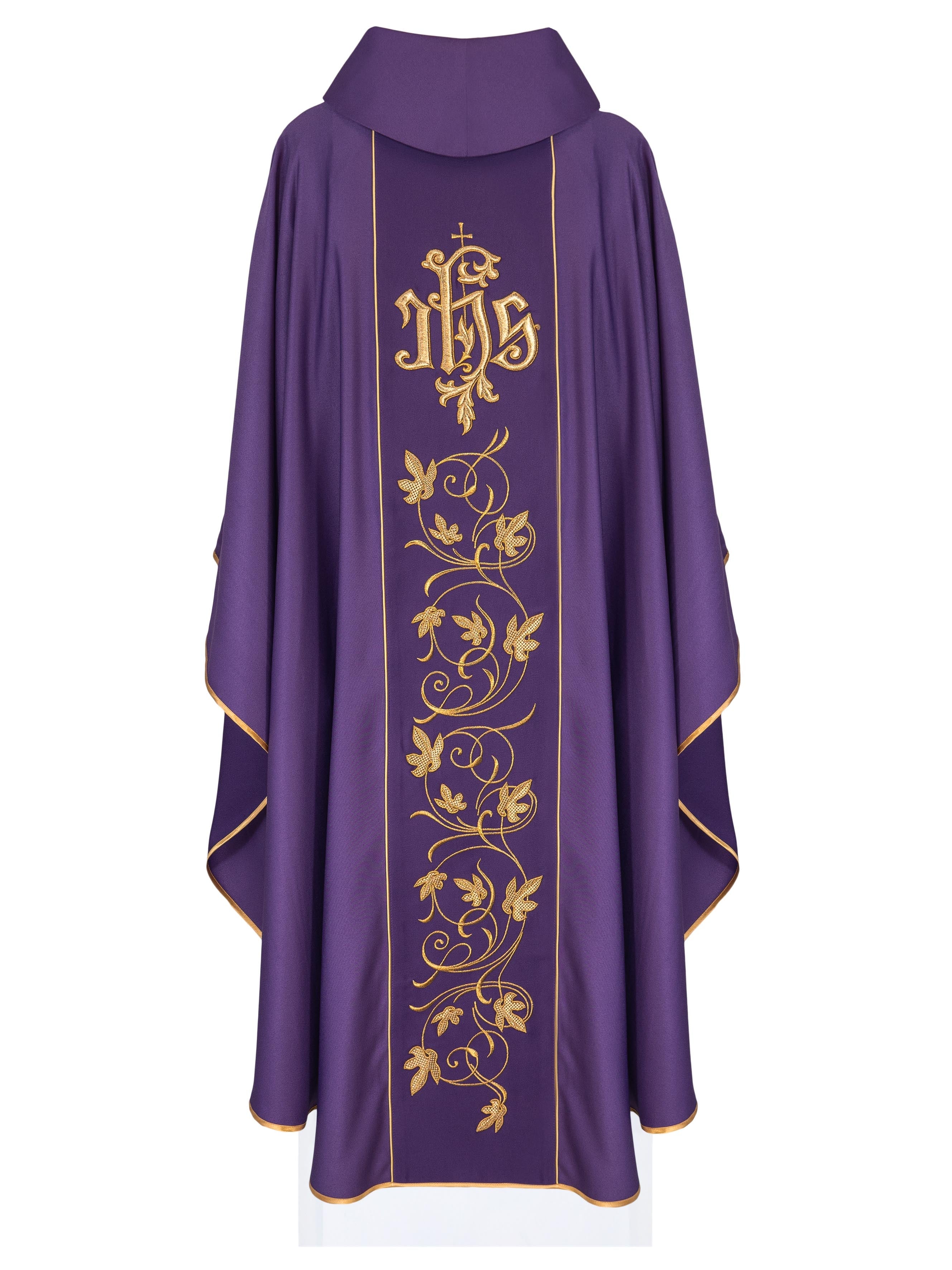 Purple liturgical chasuble with richly decorated belt with floral motif and IHS