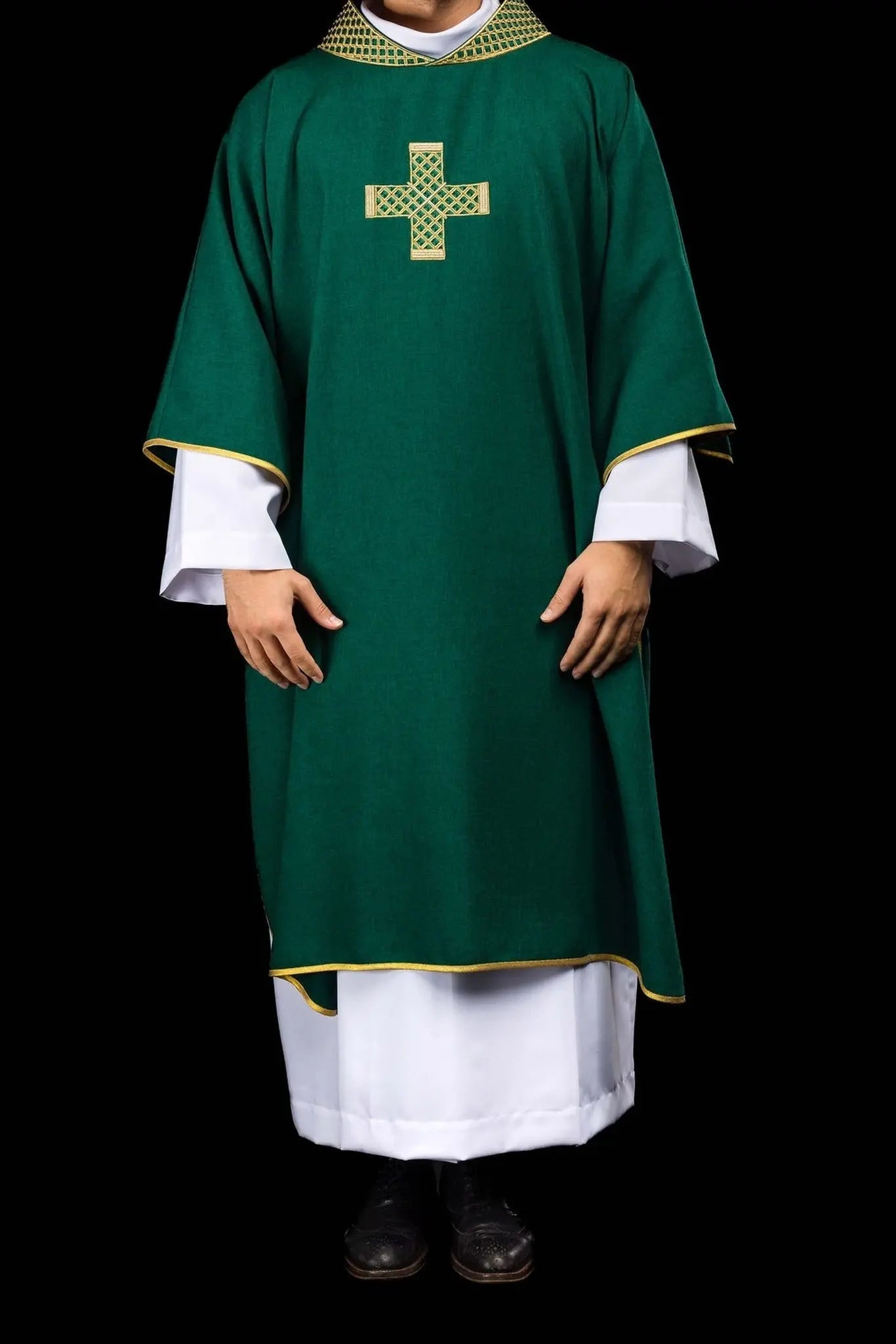 Green dalmatic with embroidered crosses and collar