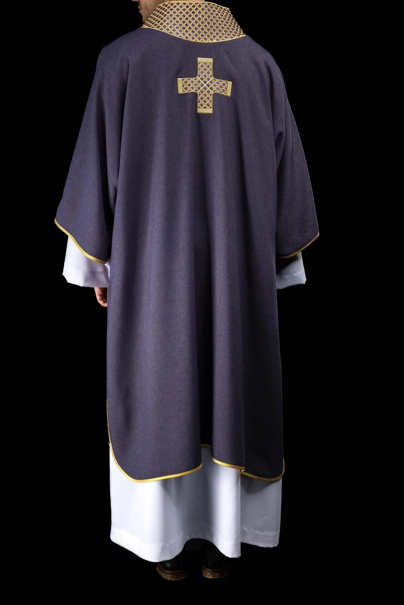 Purple dalmatic with embroidered crosses and collar