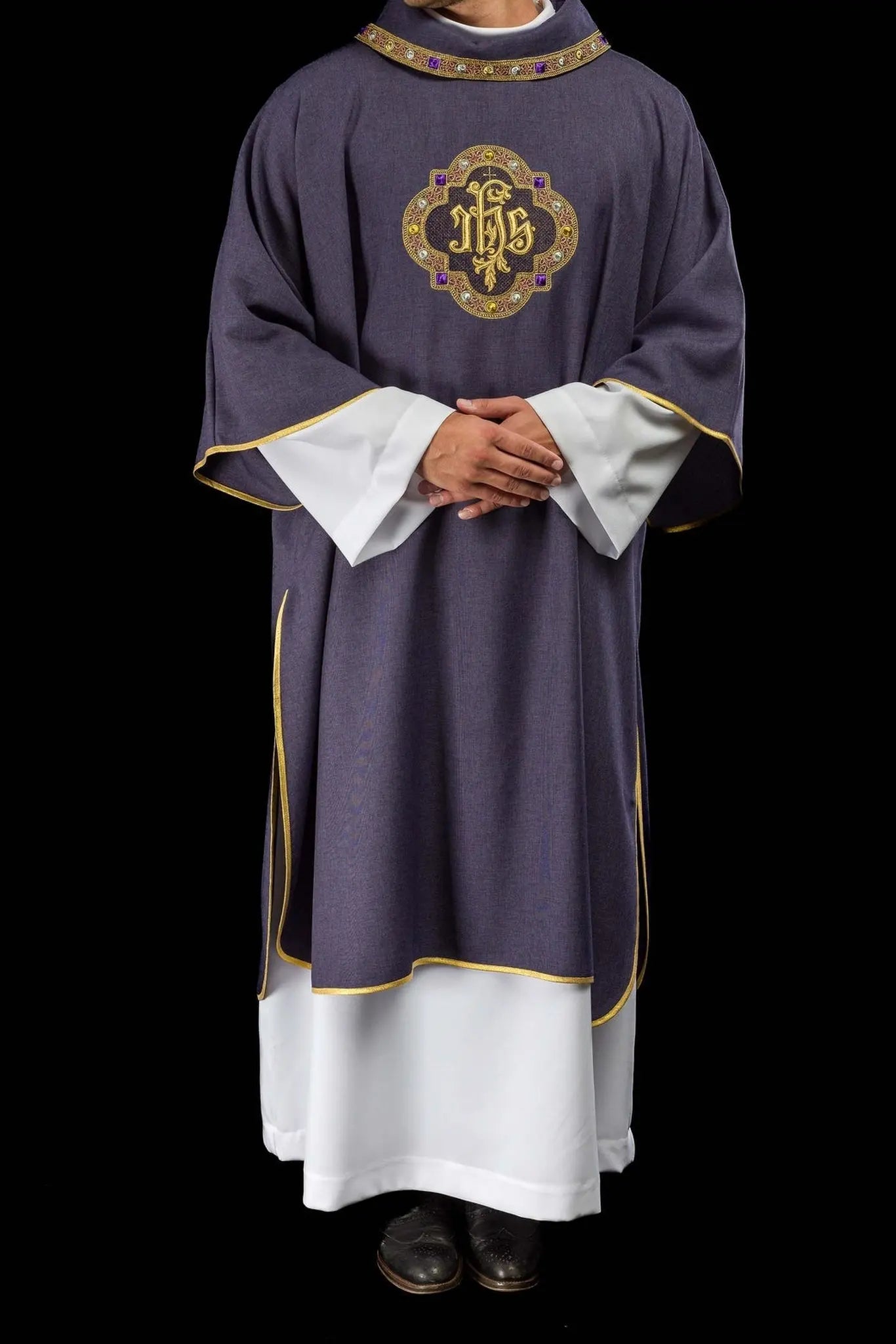 Purple Dalmatic with IHS Symbol and Stand-Up Collar