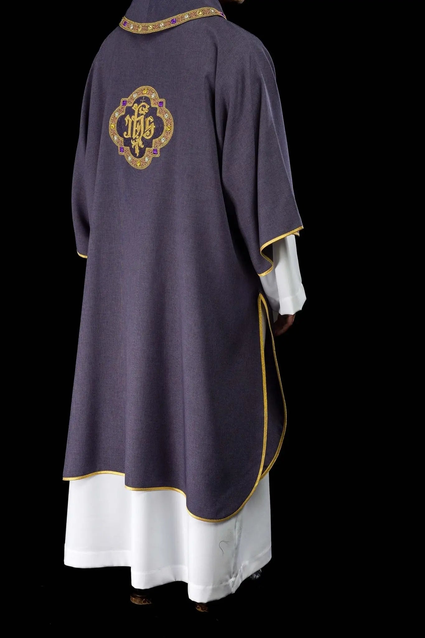 Purple Dalmatic with IHS Symbol and Stand-Up Collar