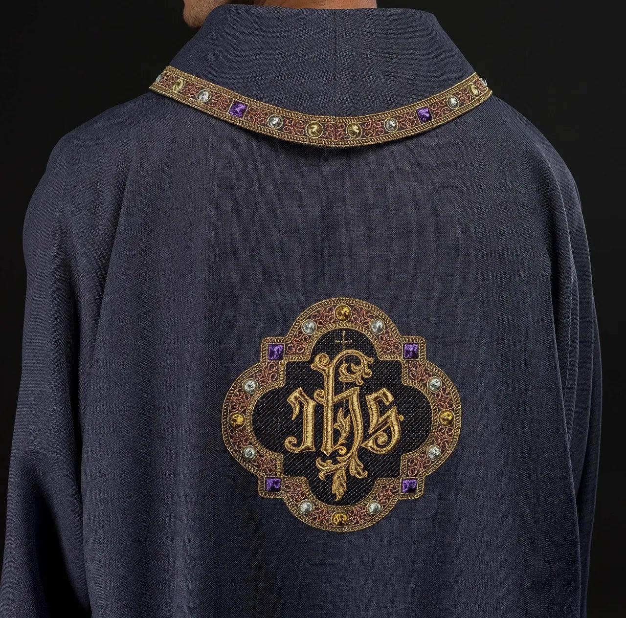 Purple Dalmatic with IHS Symbol and Stand-Up Collar