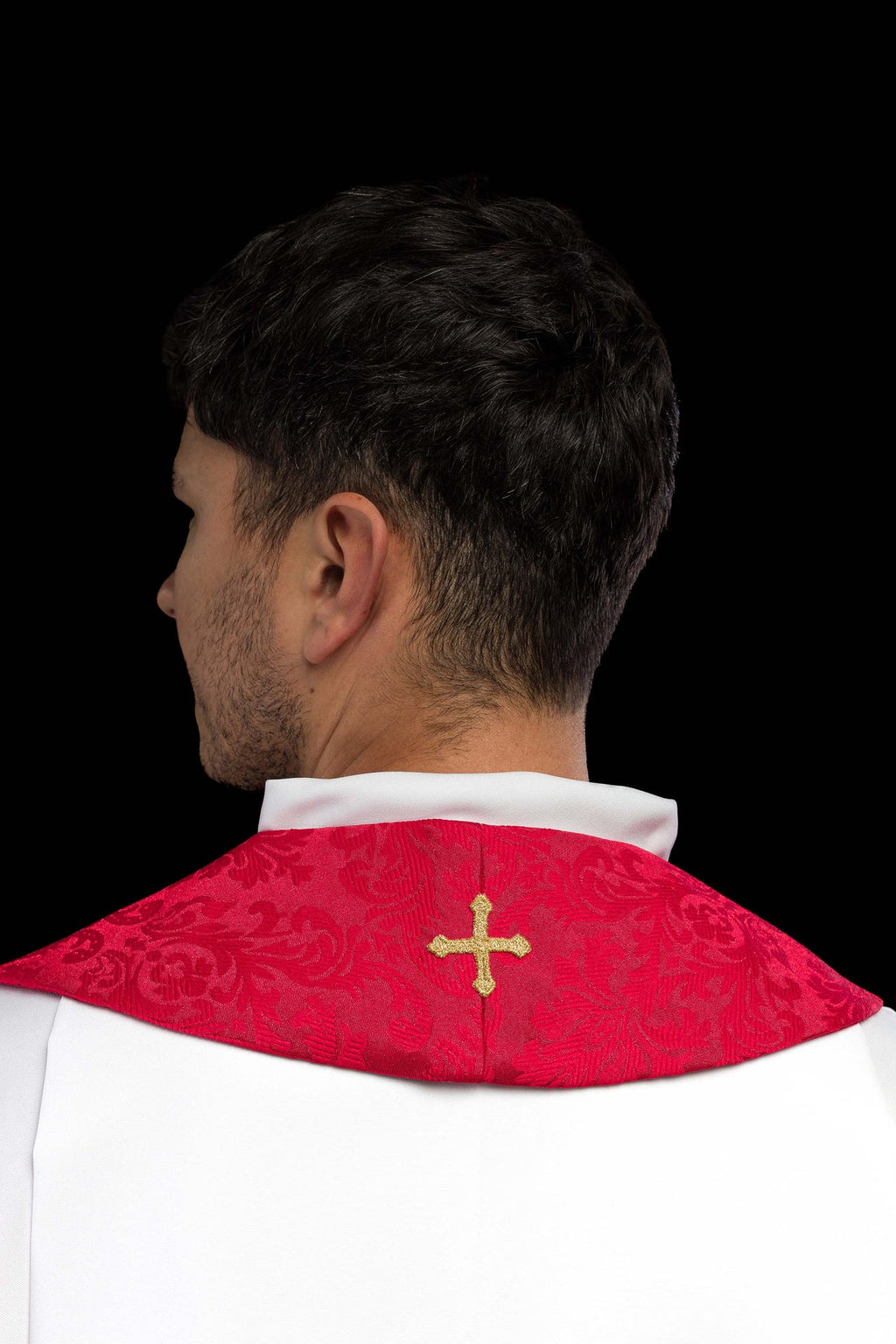 Stuła haftowana żakardowa z motywami krzyży czerwona - ORNATY.PL