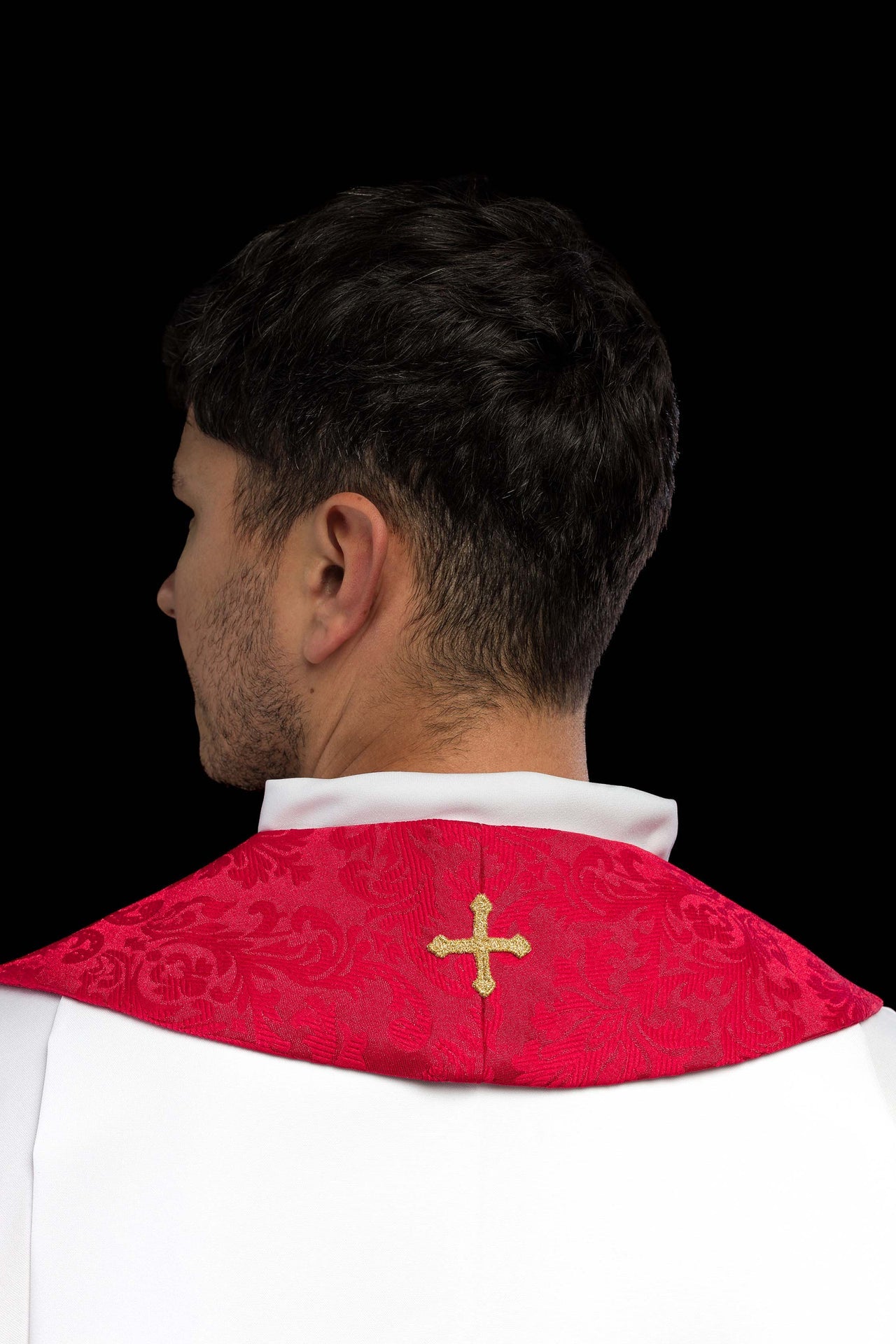 Stuła haftowana żakardowa z motywami krzyży czerwona - ORNATY.PL