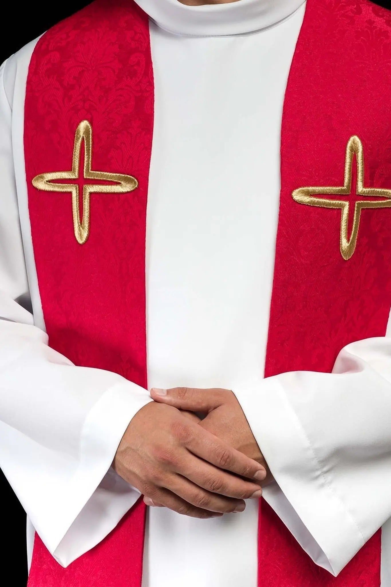 Red Jacquard Stole with Embroidered Cross Motifs