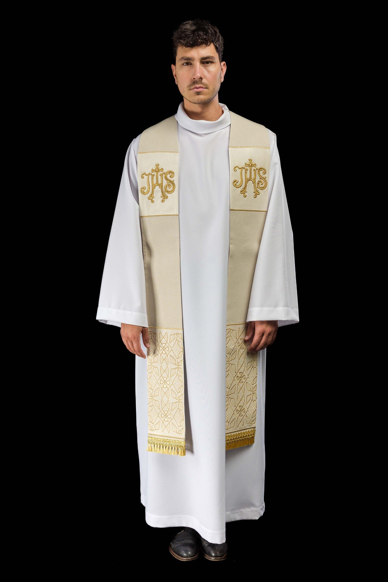 Stuła haftowana aksamitna z motywem IHS ecru - ORNATY.PL