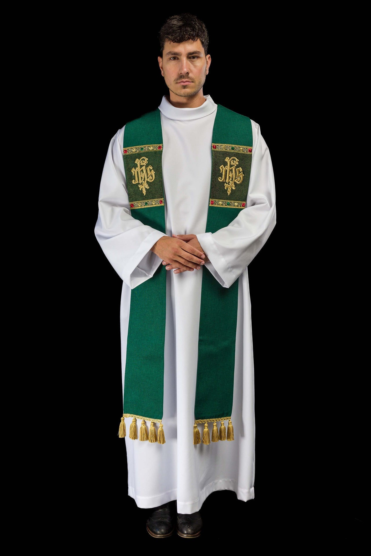 Green stole embroidered with the IHS motif