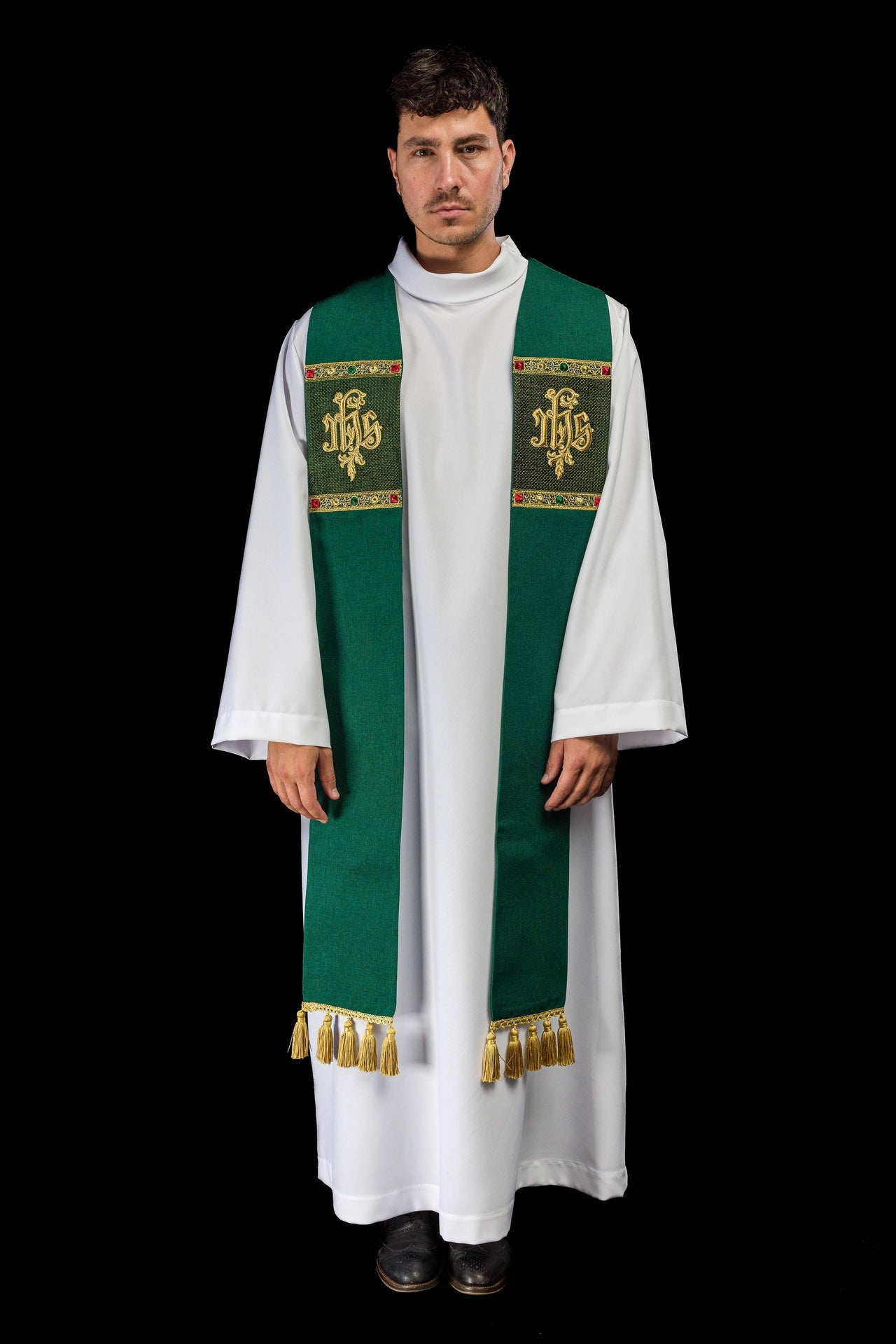 Green stole embroidered with the IHS motif