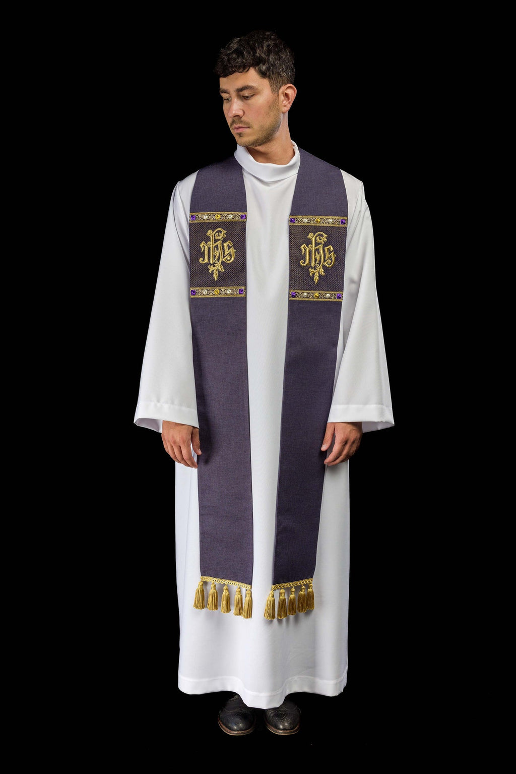 Stuła haftowana z motywem IHS fioletowa - ORNATY.PL