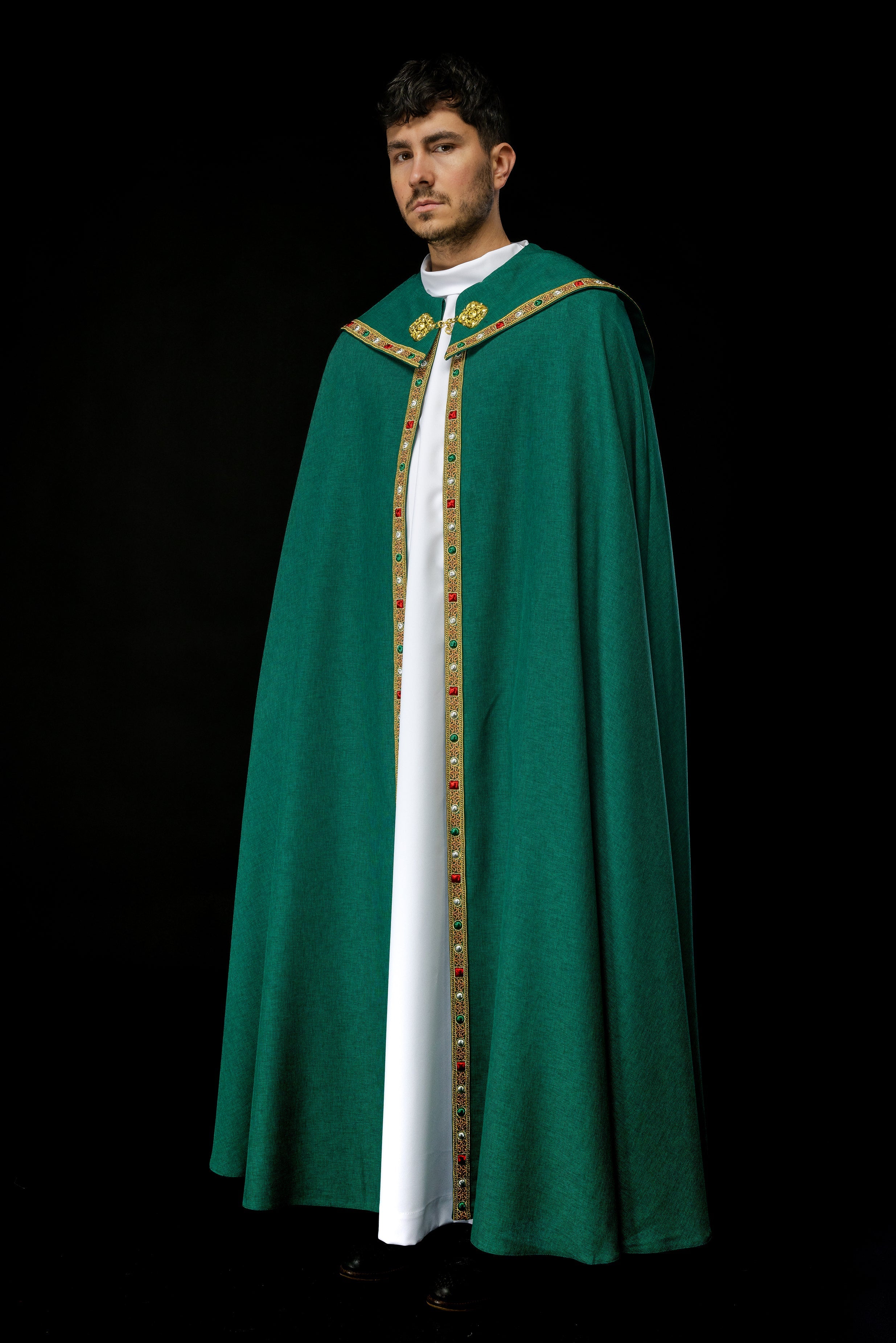 Green liturgical cape with gold IHS