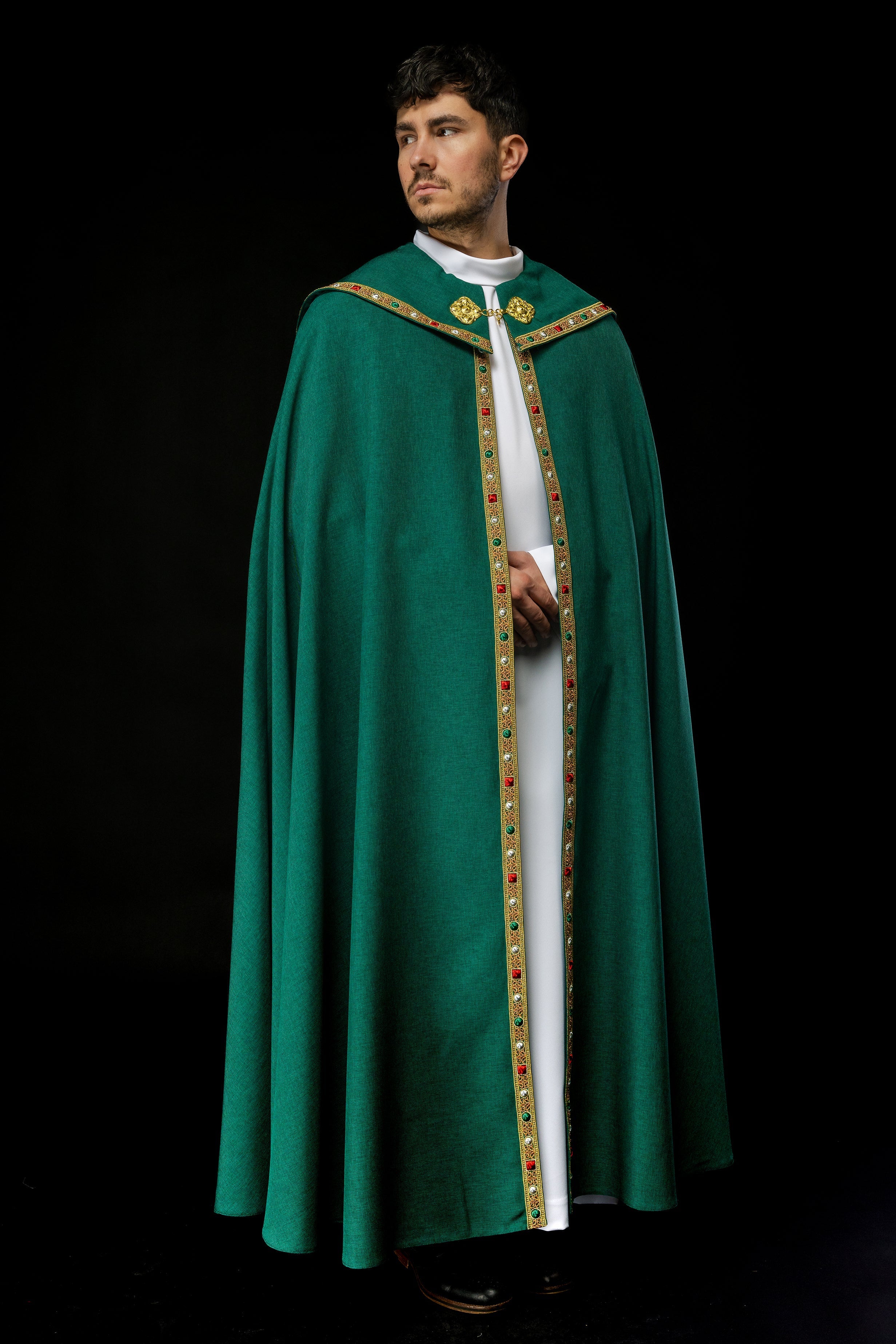 Green liturgical cape with gold IHS