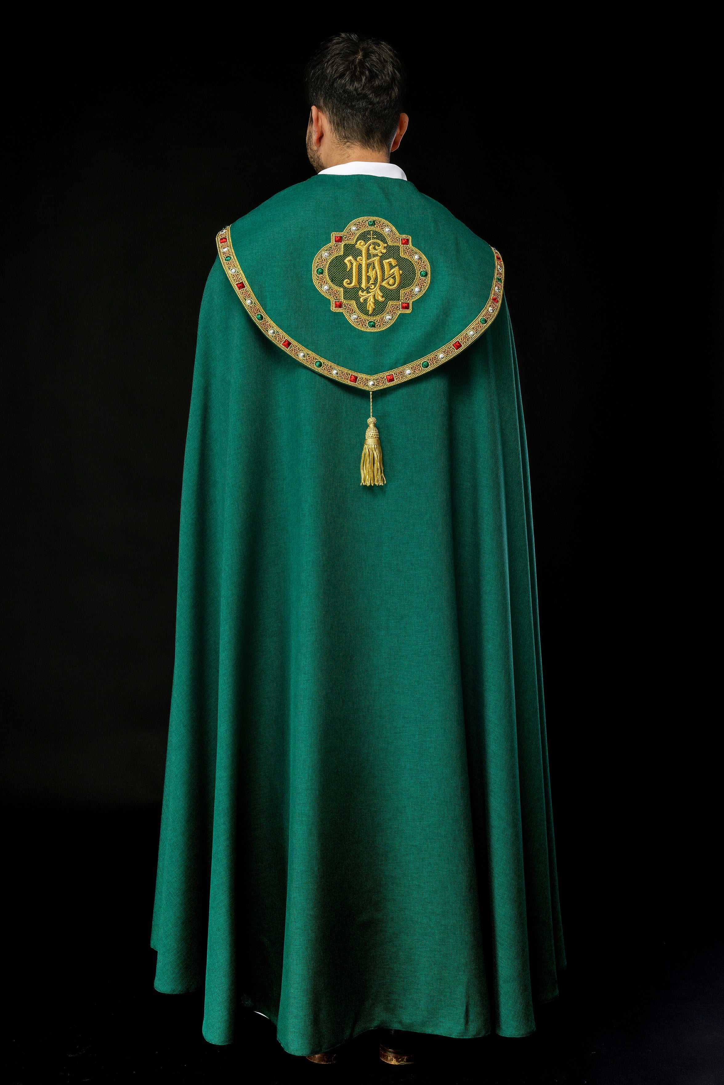 Green liturgical cape with gold IHS