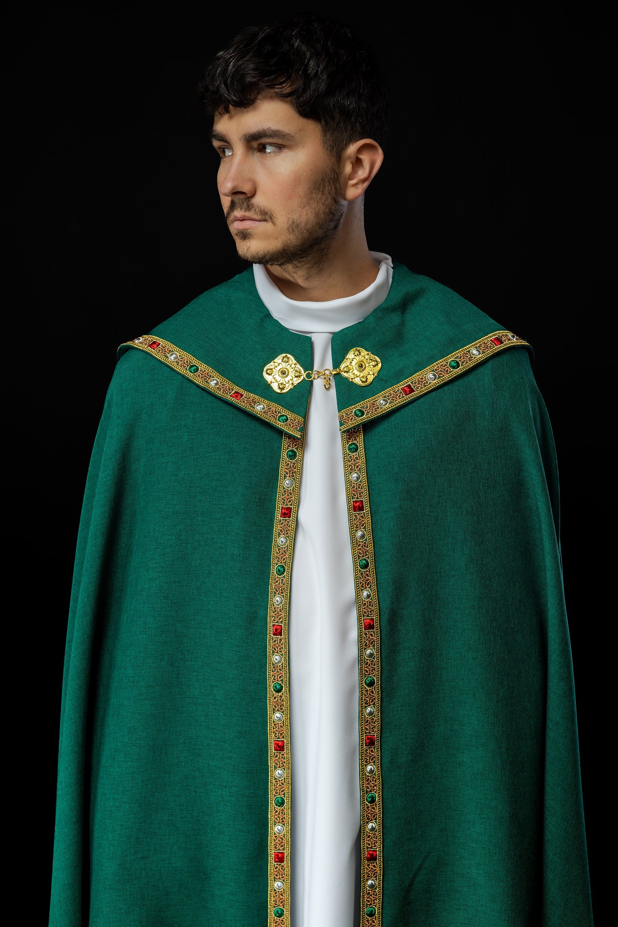 Green liturgical cape with gold IHS