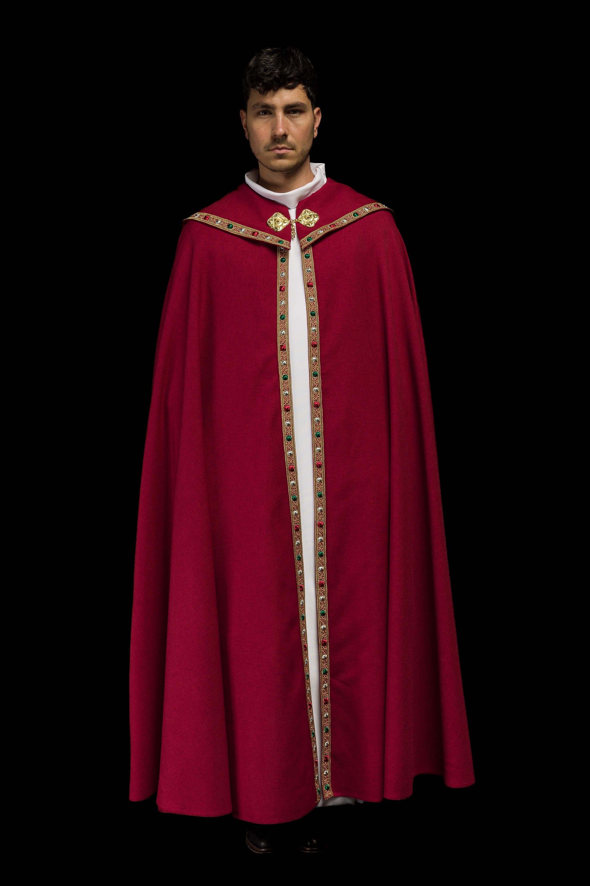 Red liturgical cape with gold IHS