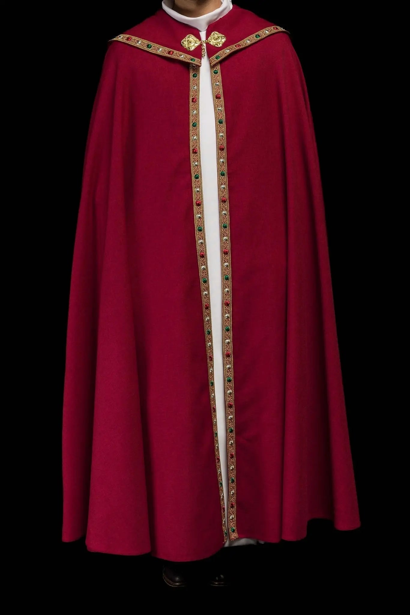 Red liturgical cape with gold IHS