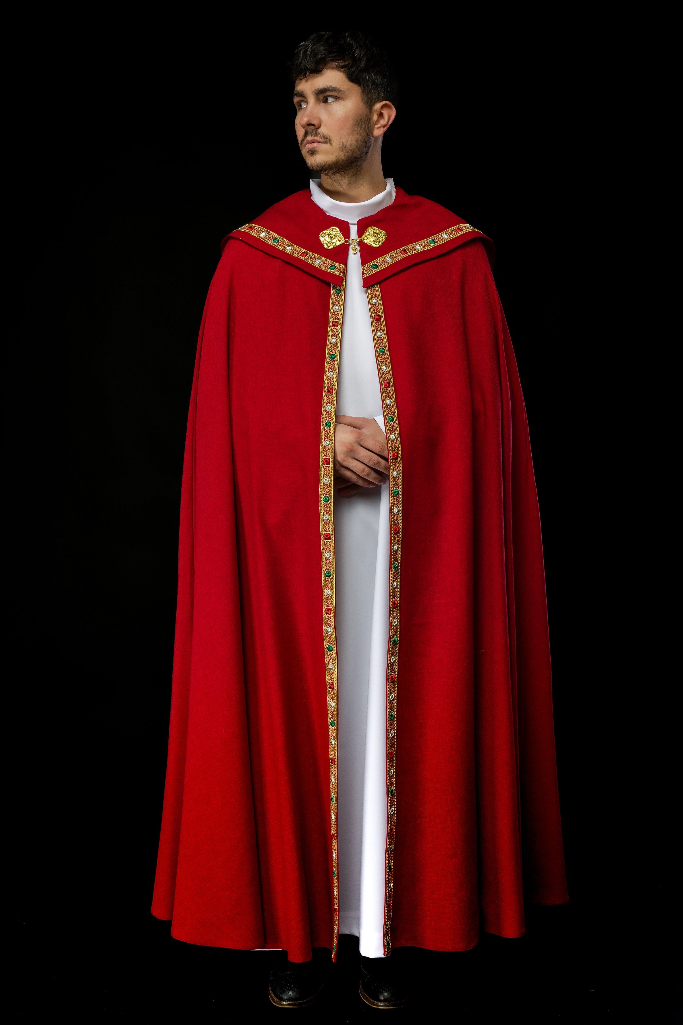 Red liturgical cape with gold IHS